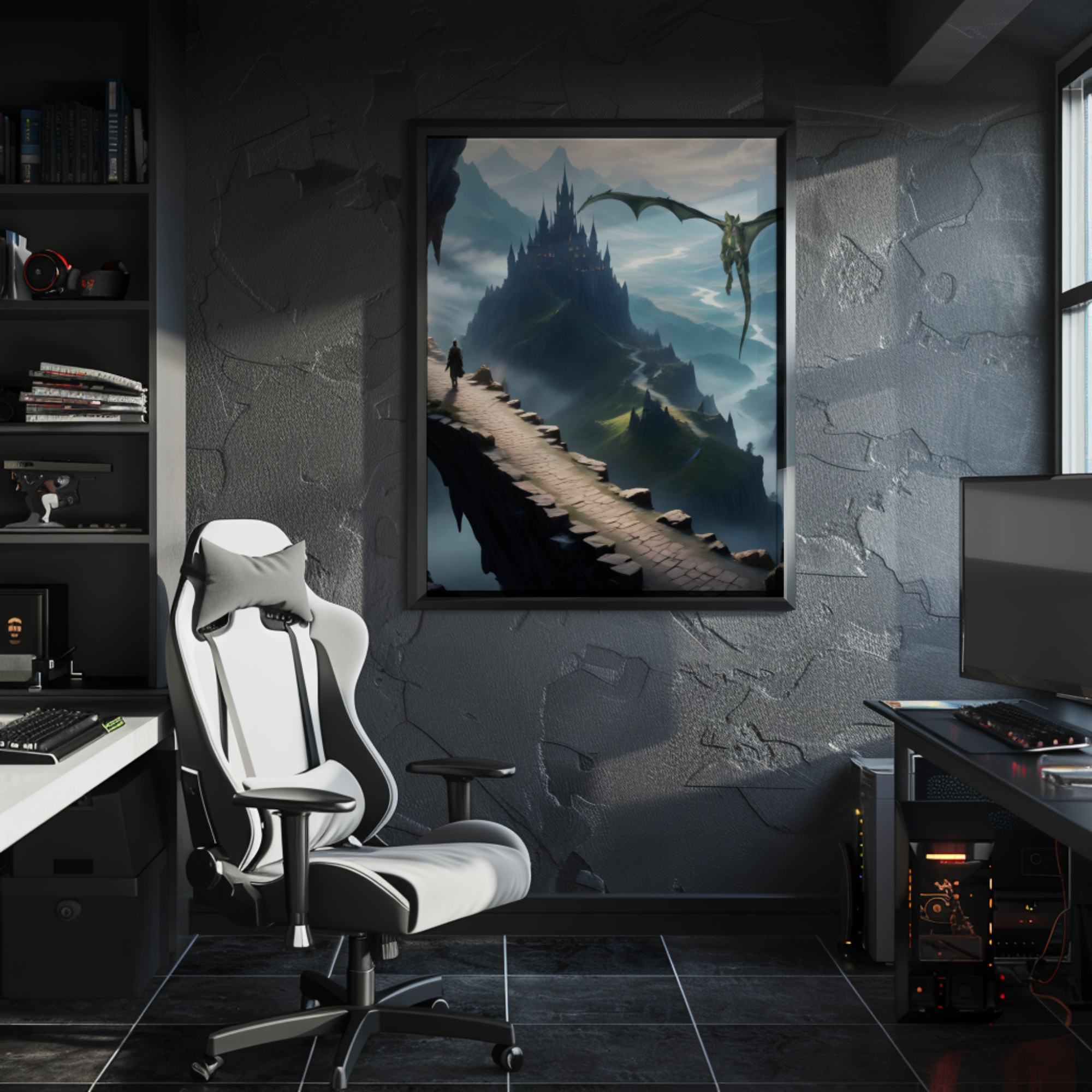 The Crossing fantasy wall art hanging in a dark game room with gaming chair and desk for a dramatic fantasy workspace