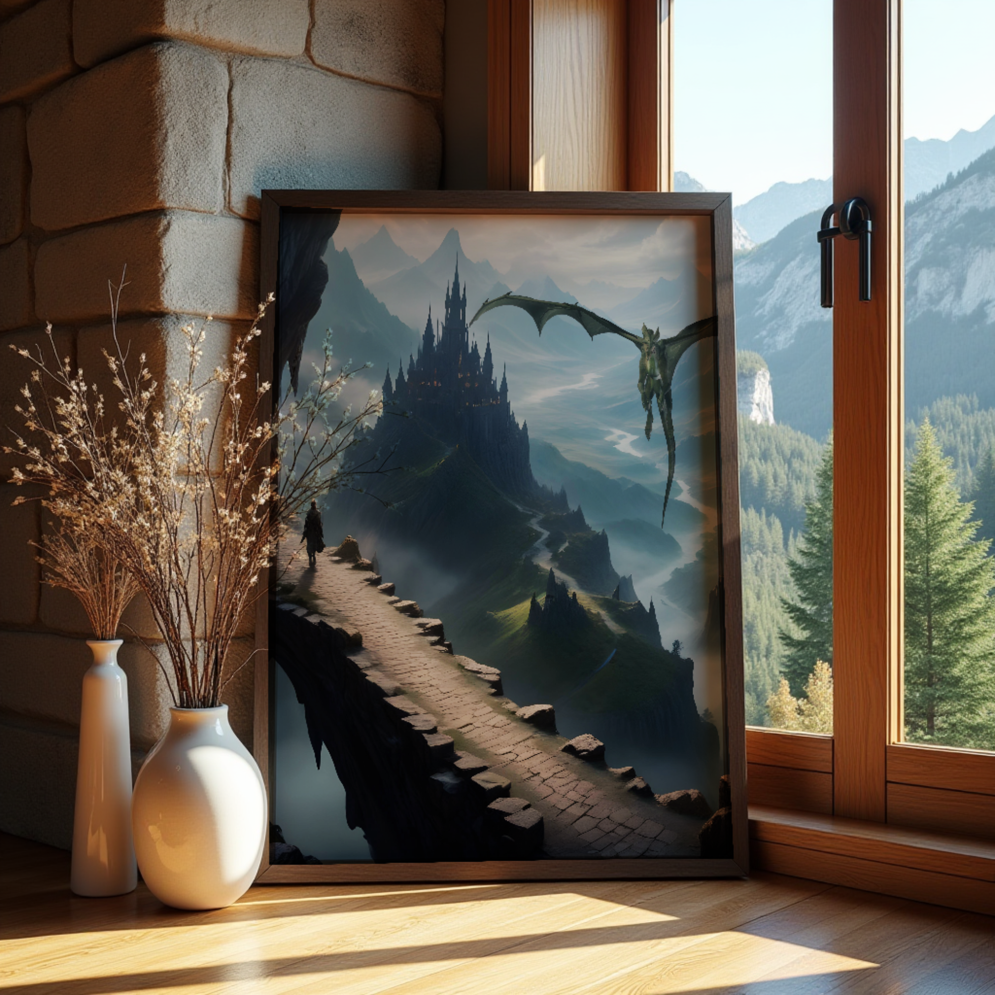 The Crossing fantasy wall art leaning near a window with warm sunlight, mountains, and cozy home decor accents