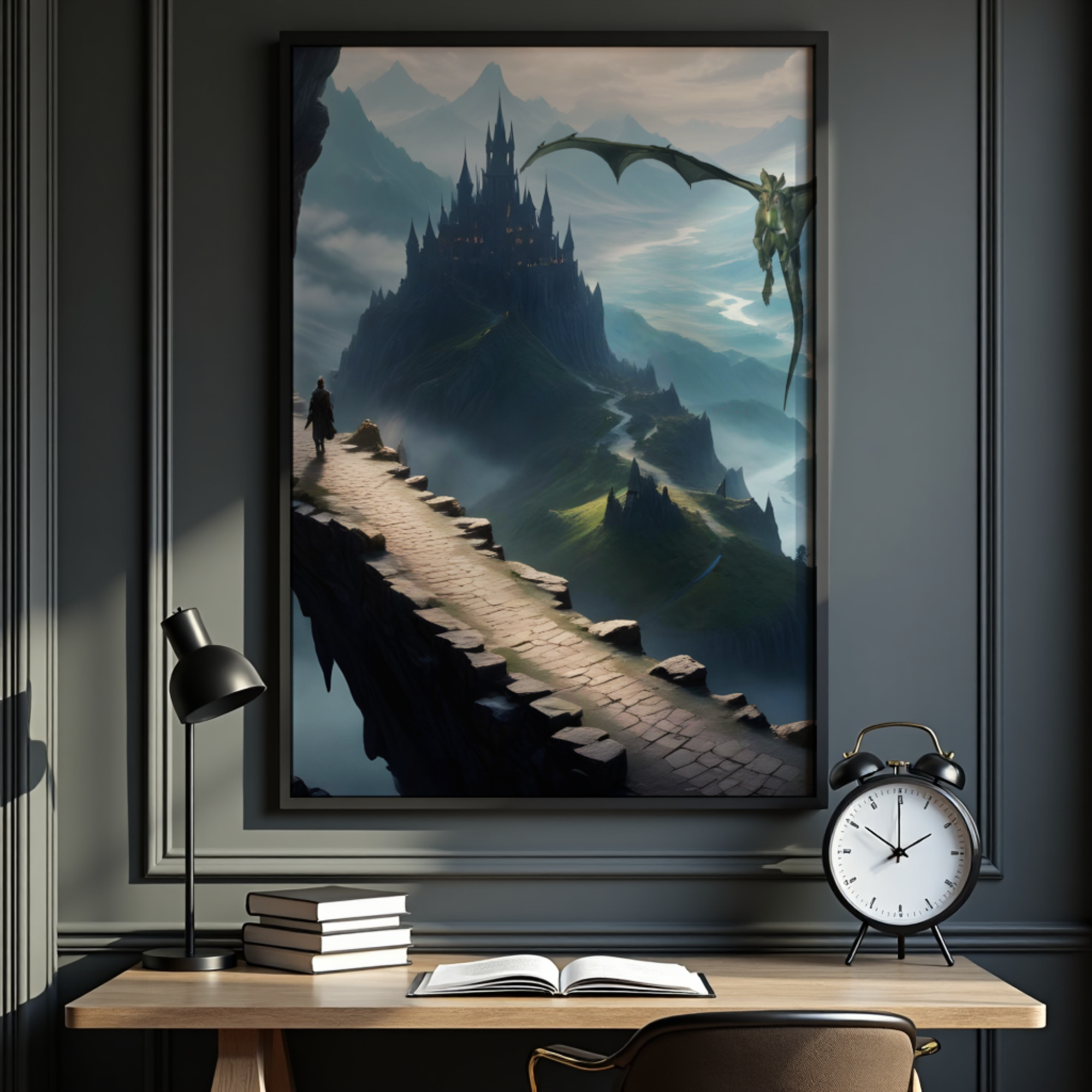 The Crossing fantasy wall art displayed above a desk with books, clock, and reading nook decor in a modern office