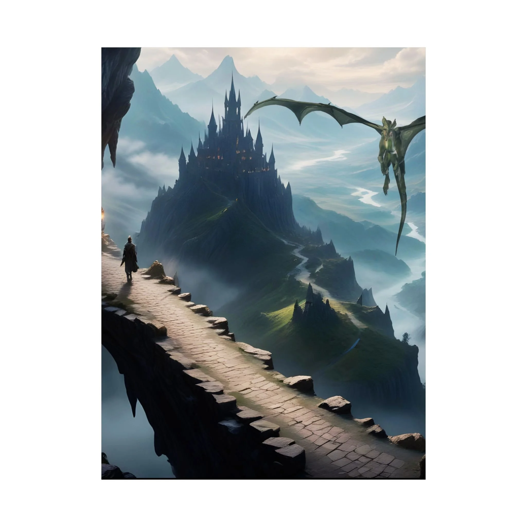 The Crossing fantasy wall art featuring a stone bridge leading toward a distant castle with a flying dragon above misty mountains