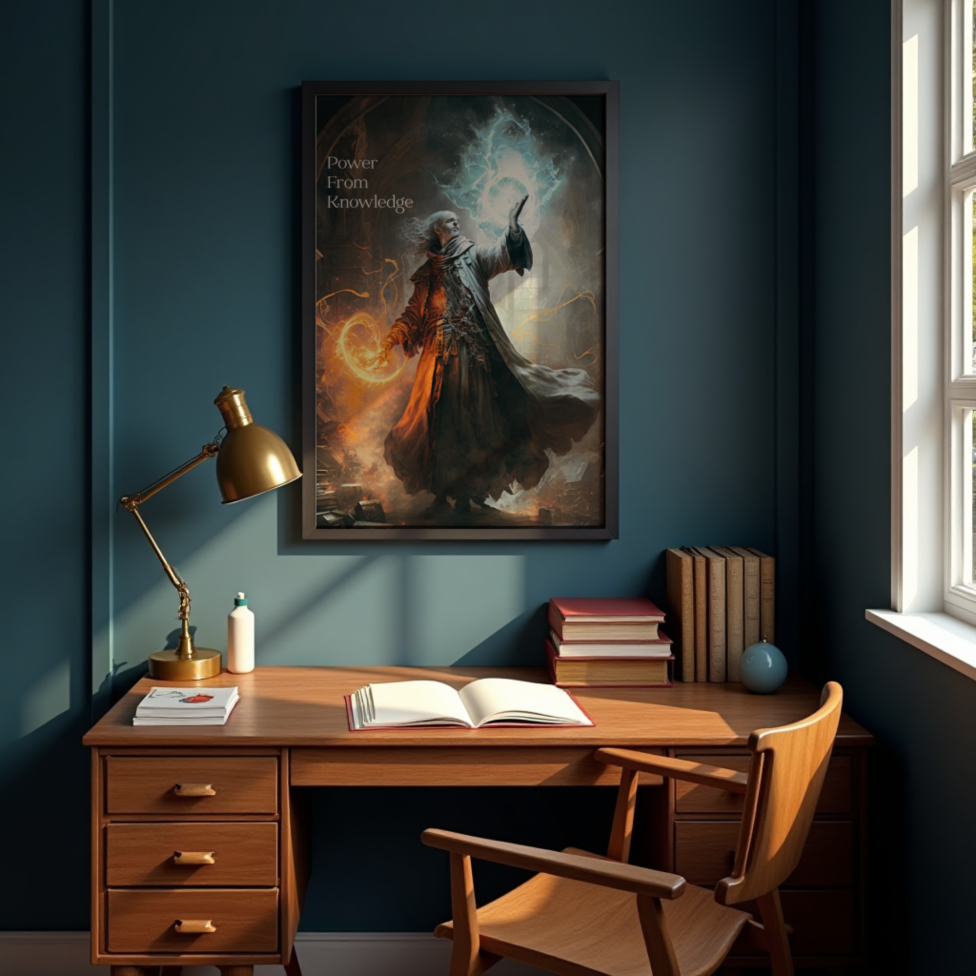 Fantasy wizard wall art hanging above a wooden desk in a moody study, showing glowing arcane magic and the phrase “Power From Knowledge”