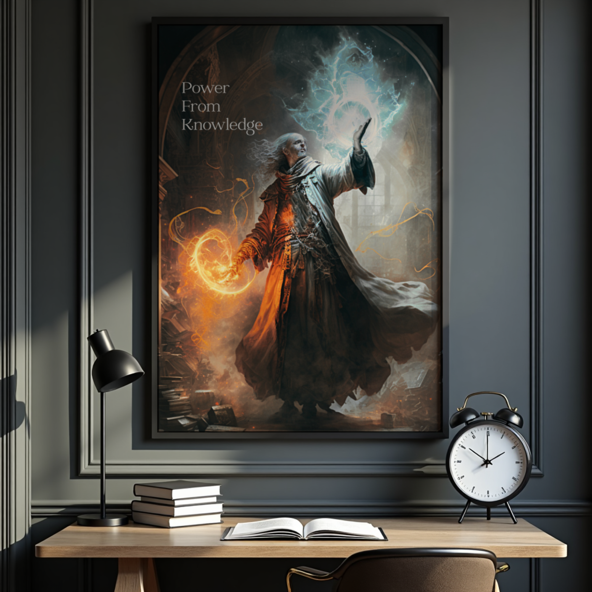 Cinematic fantasy wall art of a wizard wielding magic, displayed in a dark home office with books and classic decor