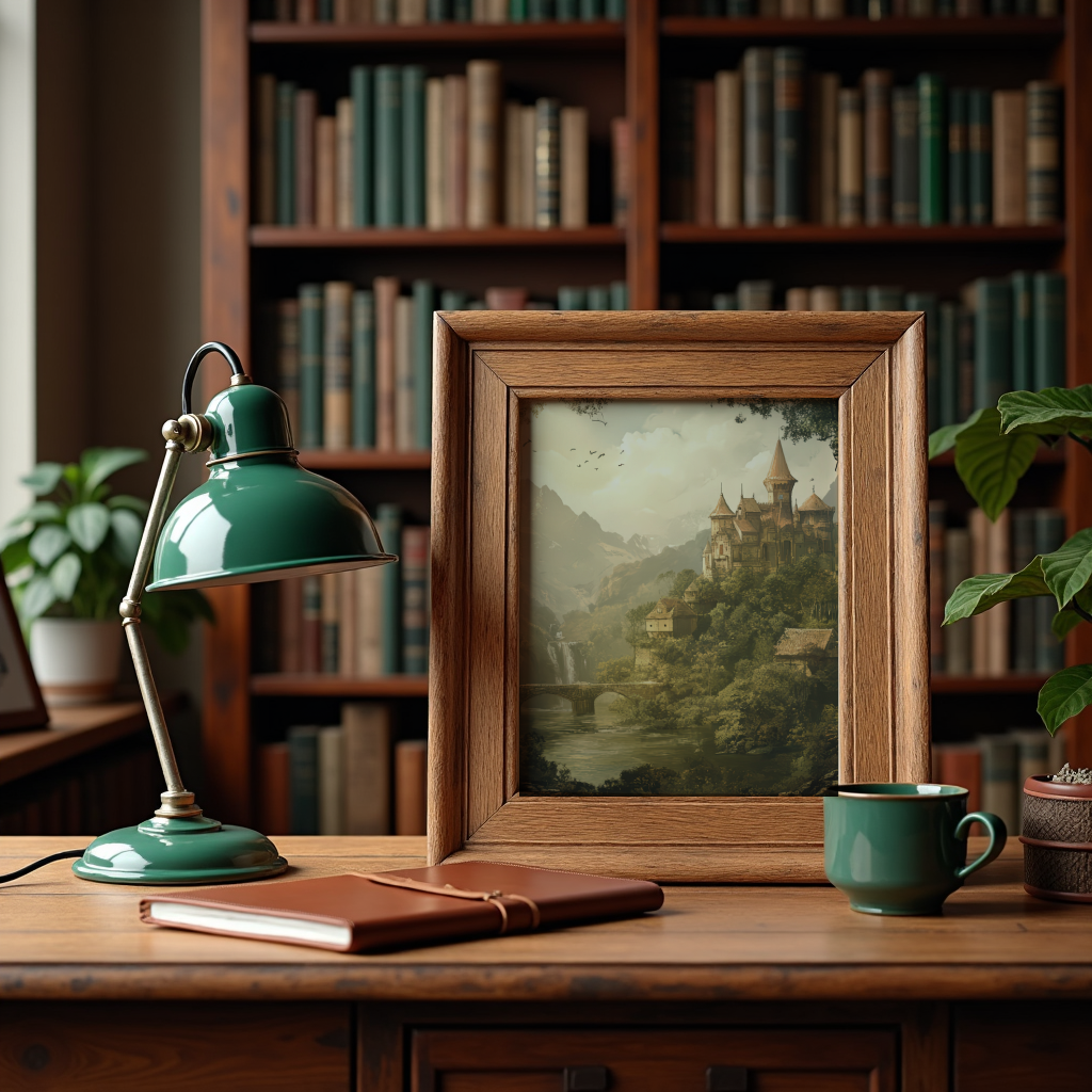 Fantasy castle art print styled on a desk in a cozy library with books, lamp, and reading nook decor