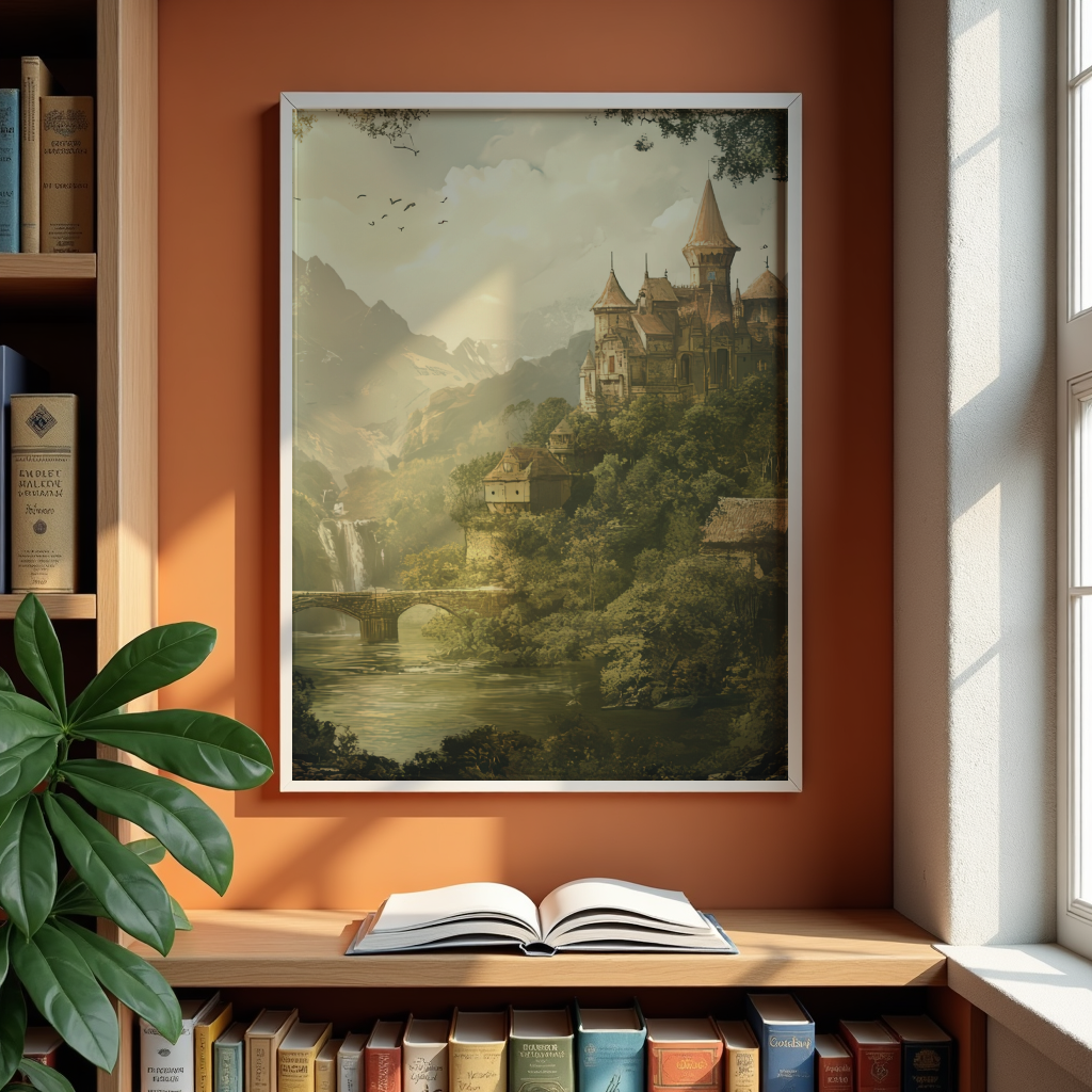 Storybook fantasy art print displayed above bookshelves in a quiet reading nook