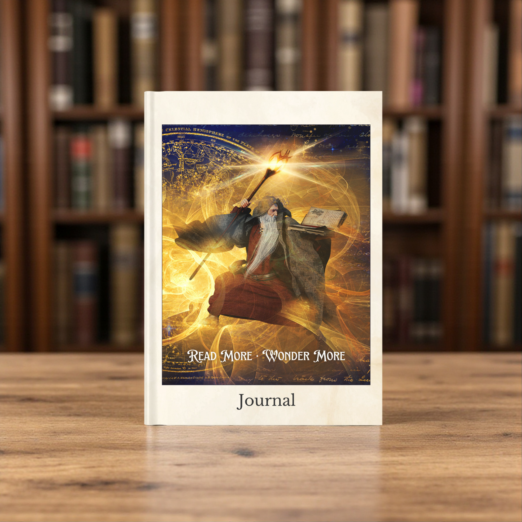 Lifestyle view of fantasy wizard journal standing on a wooden table with blurred bookshelf background