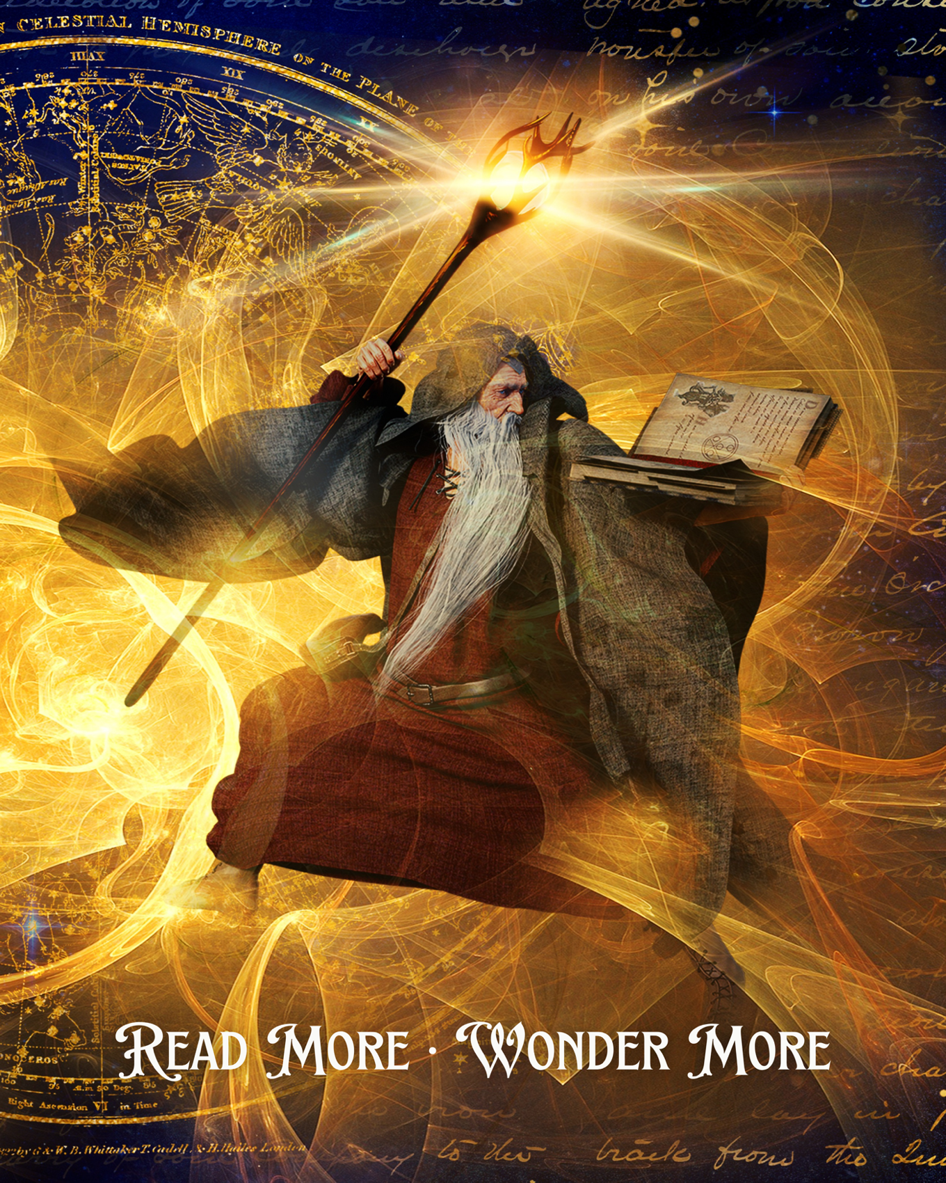 Close-up detail of fantasy wizard artwork with glowing staff and swirling golden magic