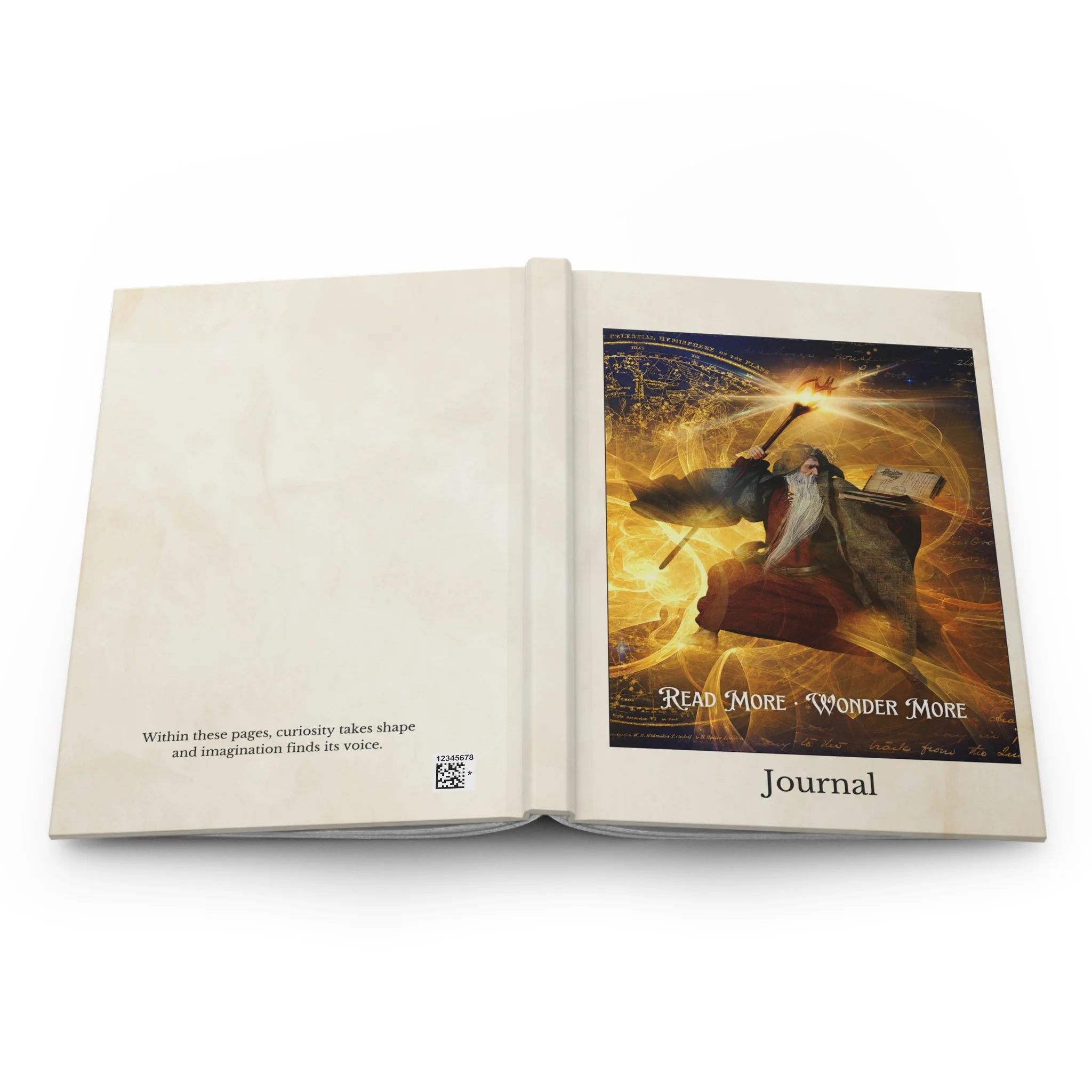 Open hardcover fantasy journal showing full-wrap wizard artwork on the right page