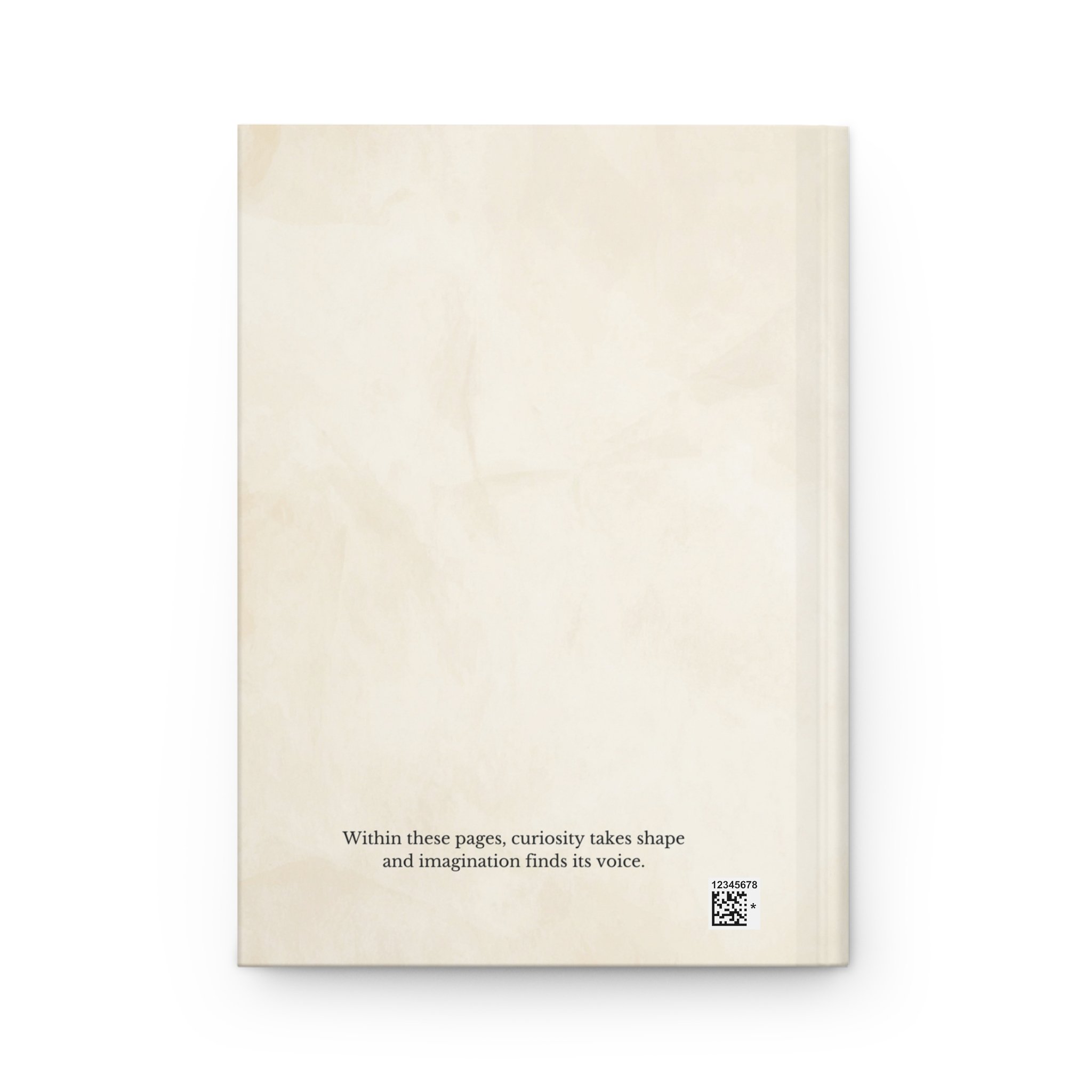 Back cover view of hardcover fantasy journal with subtle parchment-style background and small printed quote