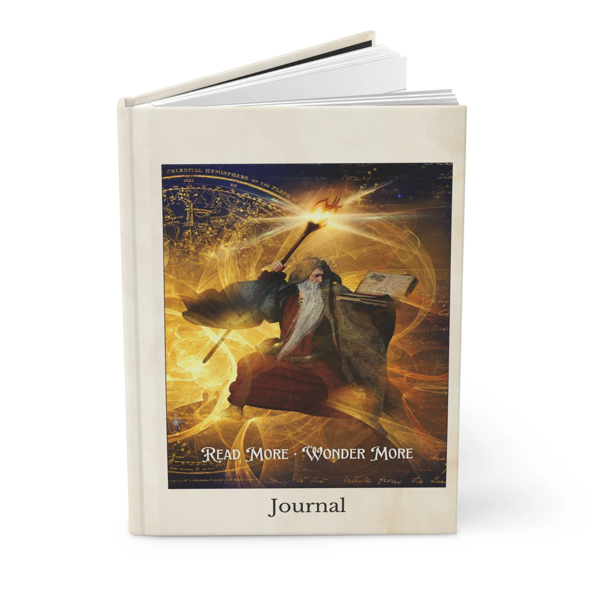 Angled standing view of fantasy wizard journal showing front cover artwork and hardcover binding