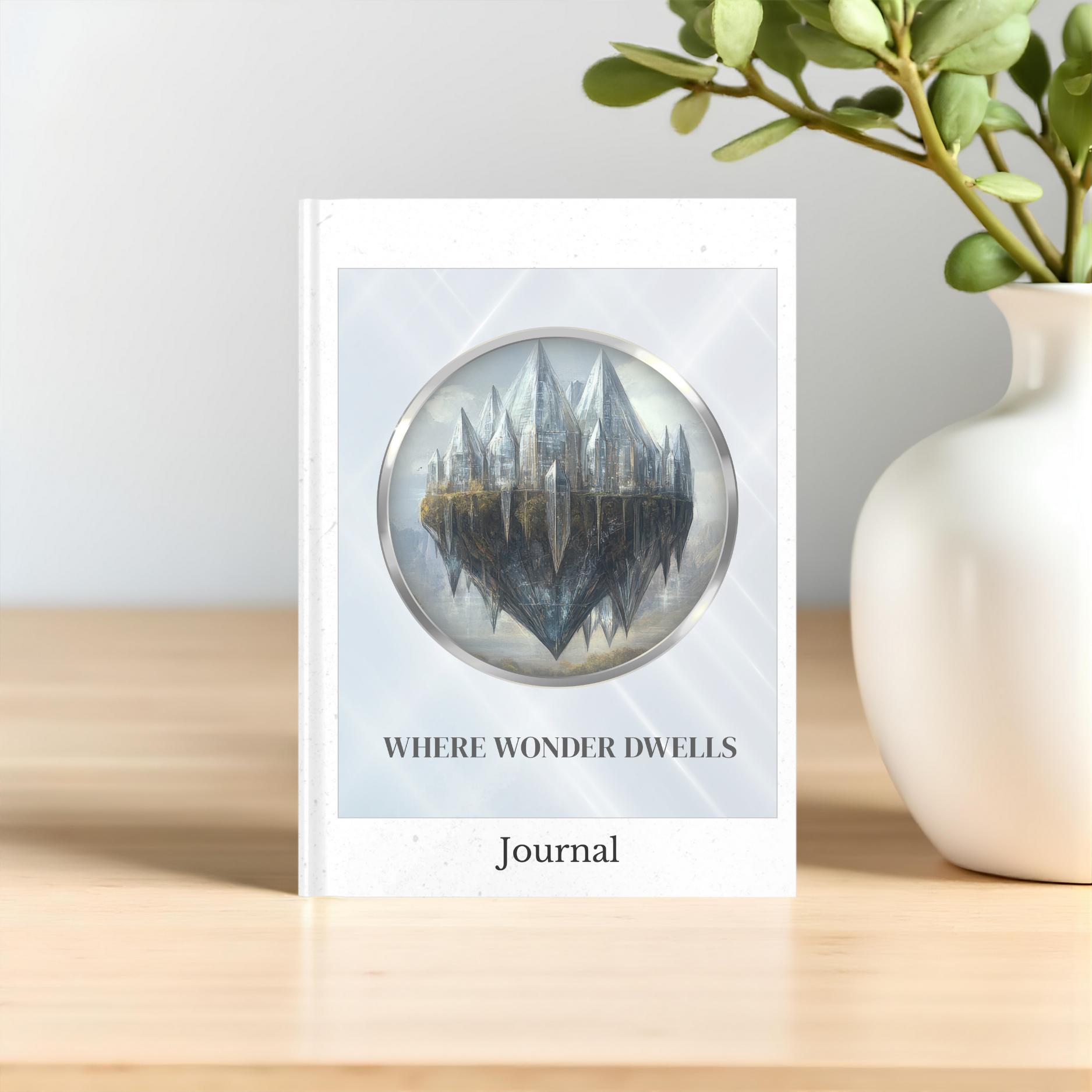 Front view of Where Wonder Dwells fantasy journal standing on a wooden desk beside a white vase with green leaves