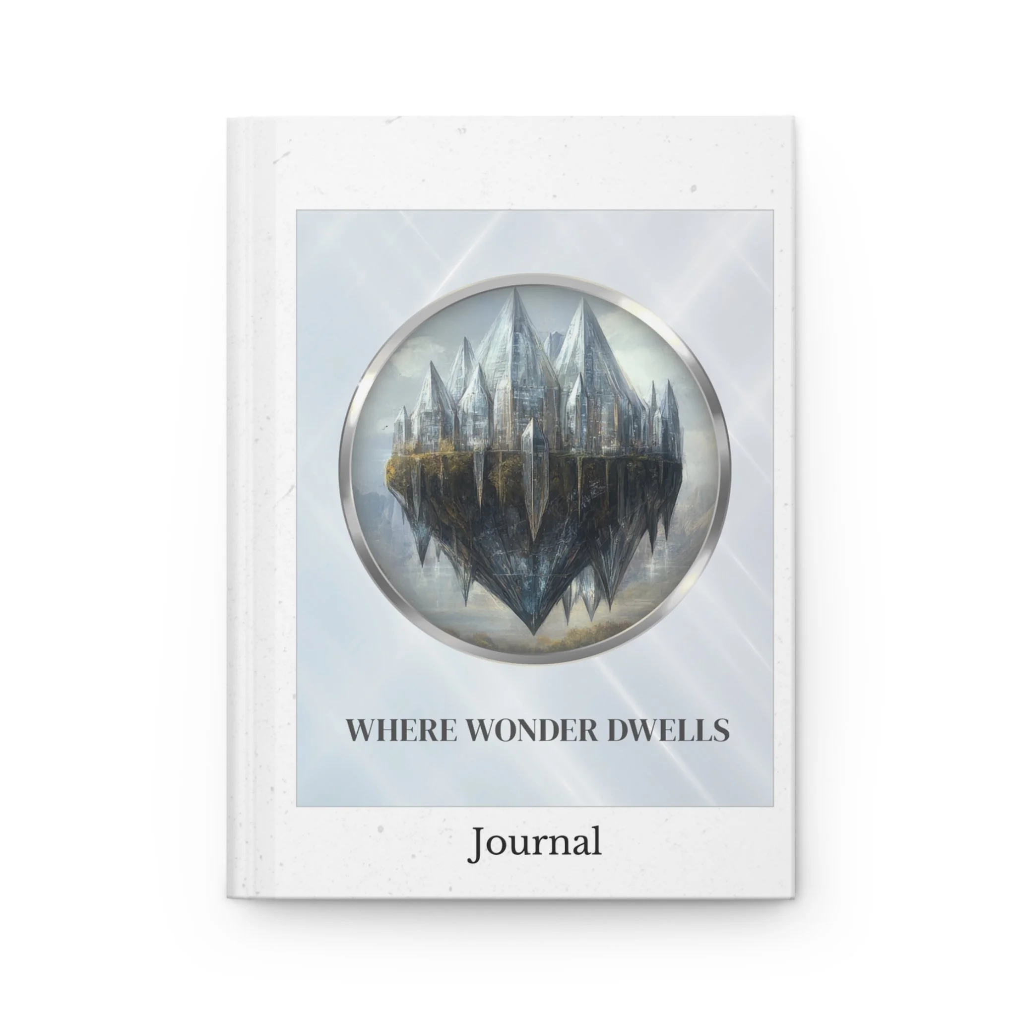 Front cover of Where Wonder Dwells fantasy journal with floating city artwork on a light background