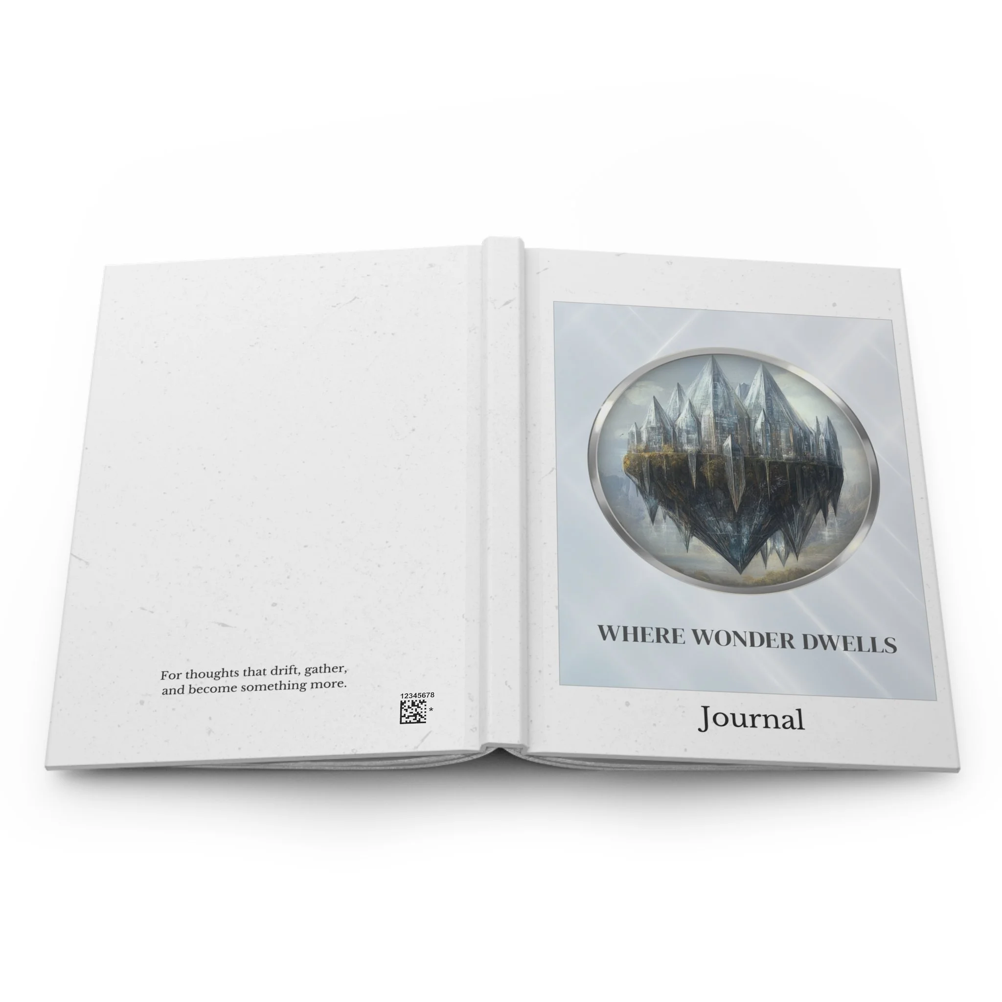 Open Where Wonder Dwells journal showing front cover artwork on the right and back cover on the left