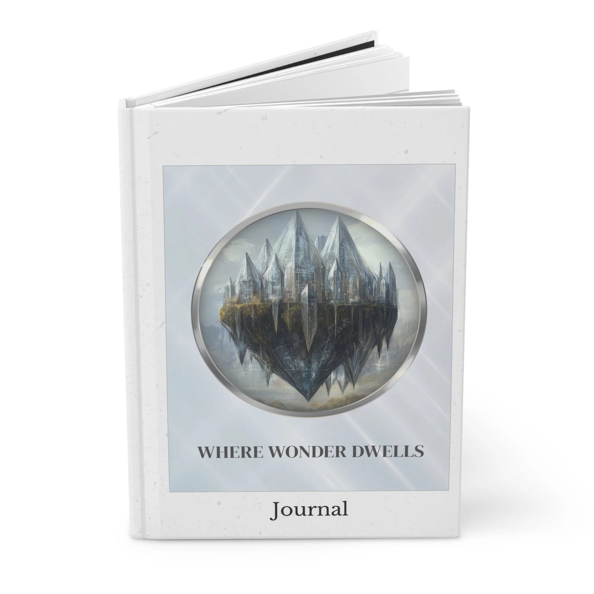 Angled view of Where Wonder Dwells hardcover journal standing upright on a white surface