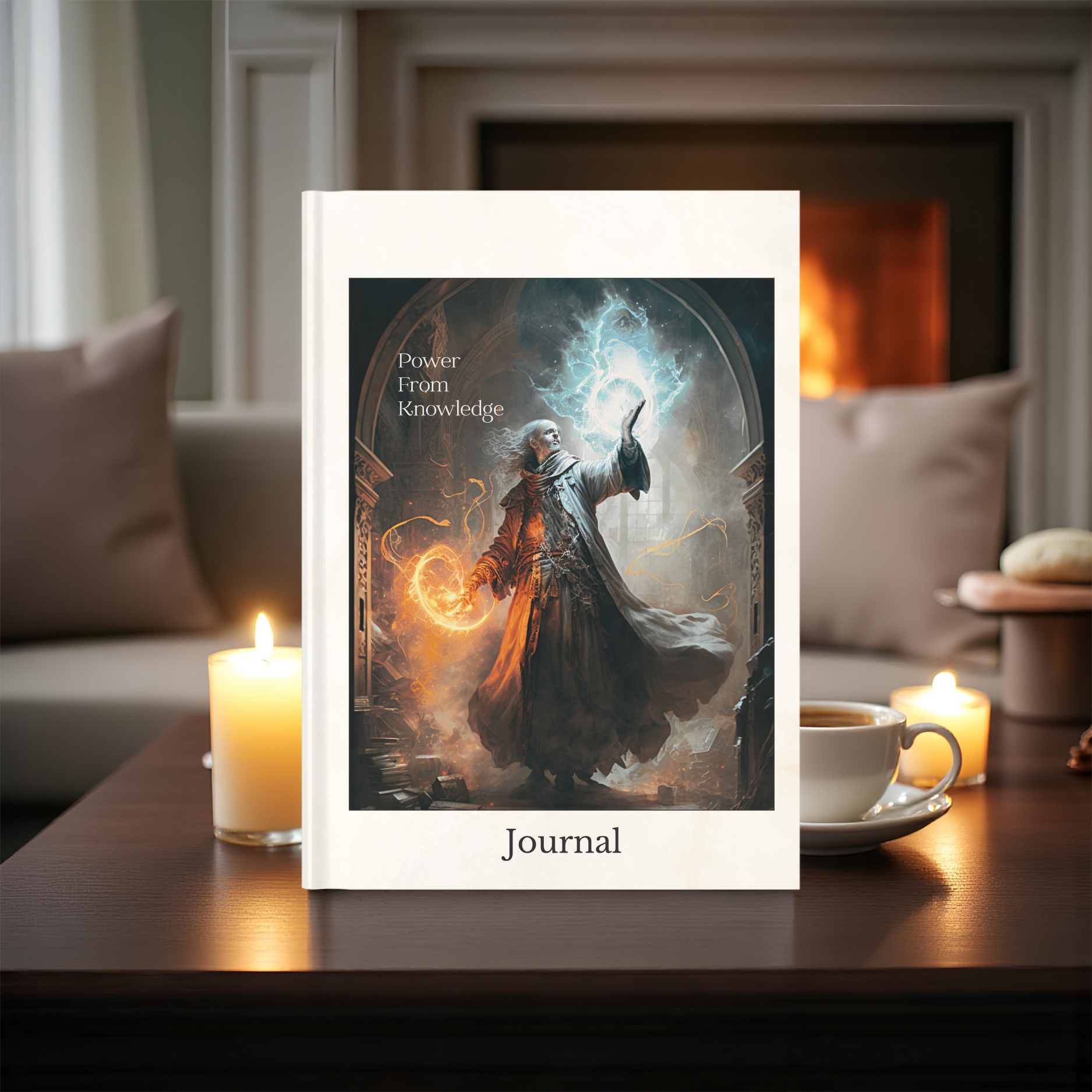 Lifestyle mockup of fantasy hardcover journal titled “Power From Knowledge” on a table with candles and a fireplace in the background