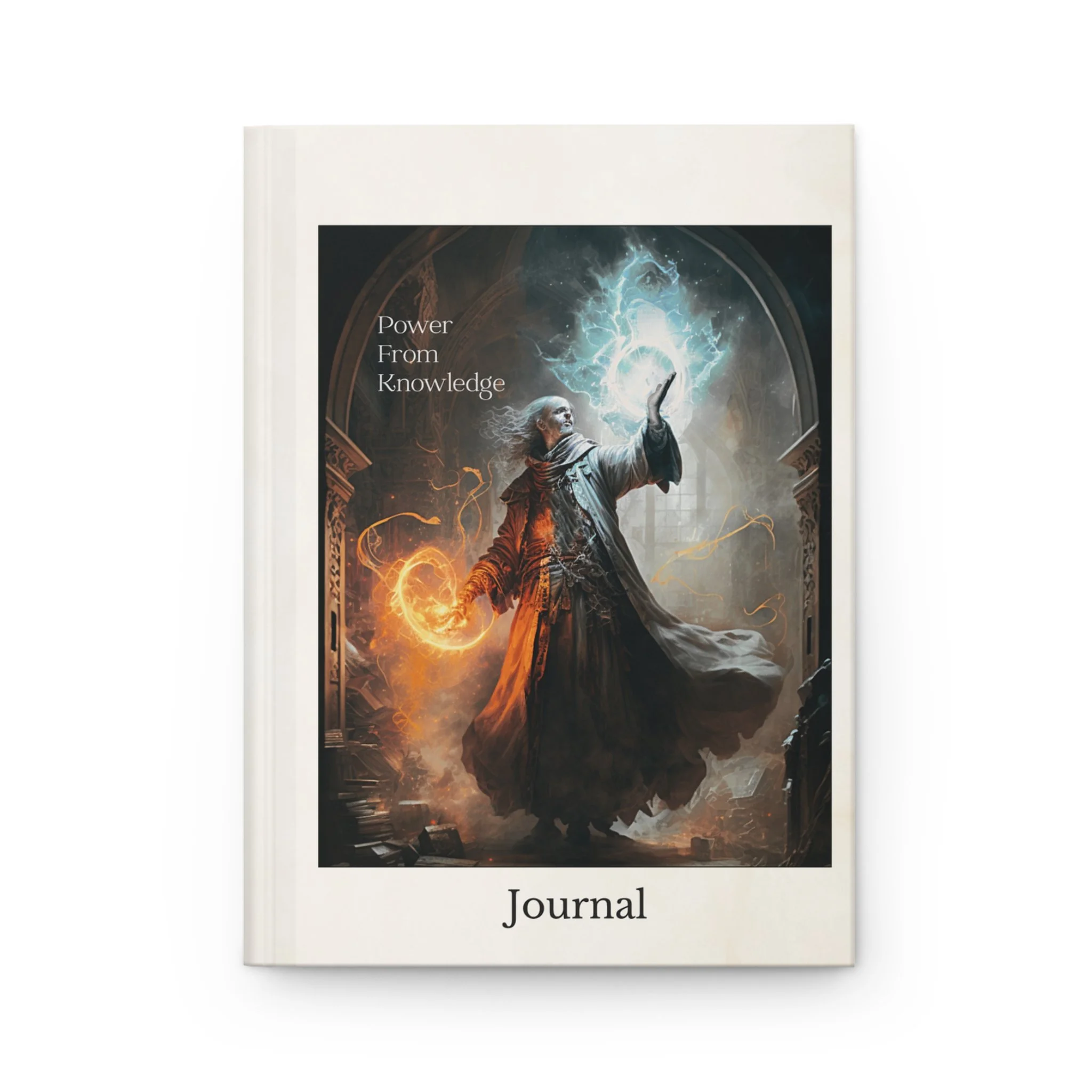 Front view of Power From Knowledge hardcover journal with wizard artwork and minimalist white cover