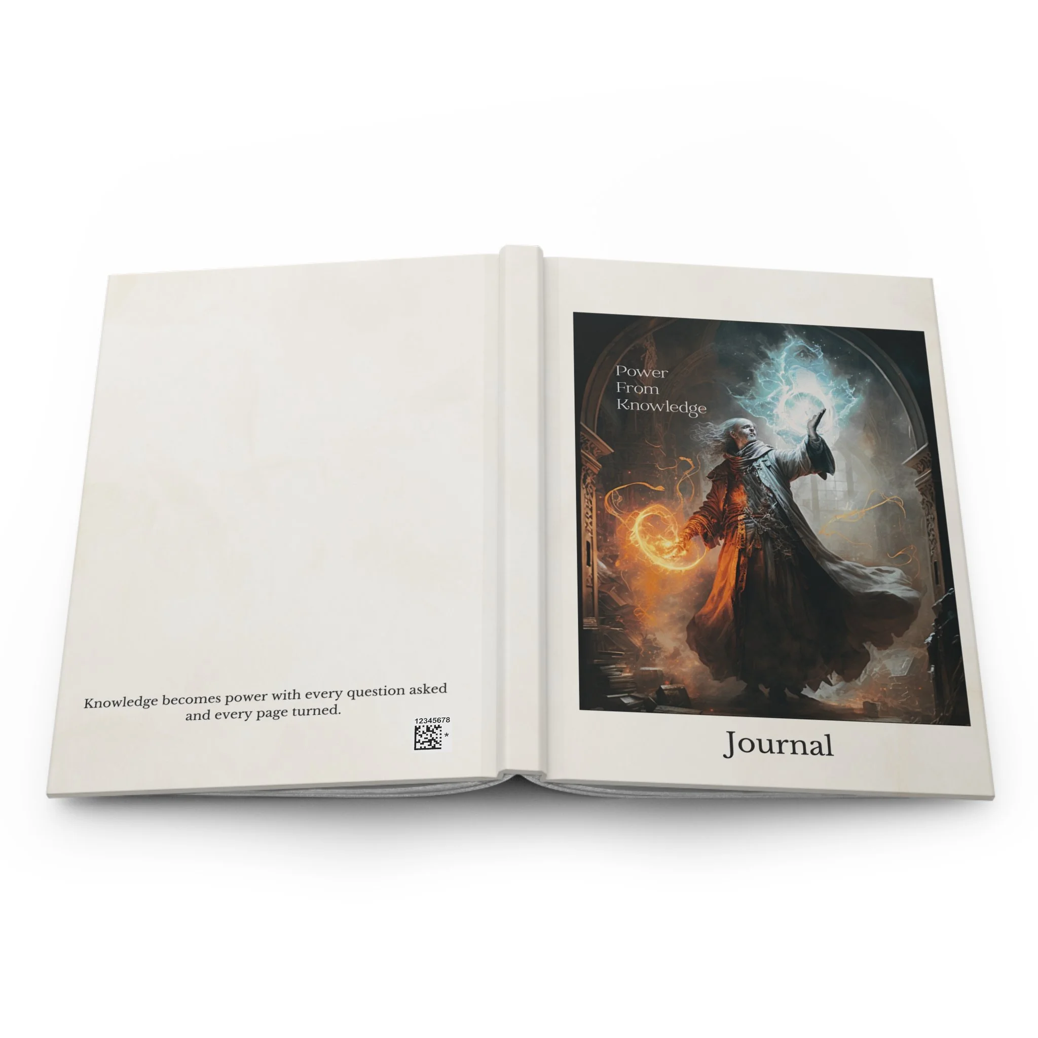 Open view of Power From Knowledge journal showing cover artwork on the right page and printed quote on the left side