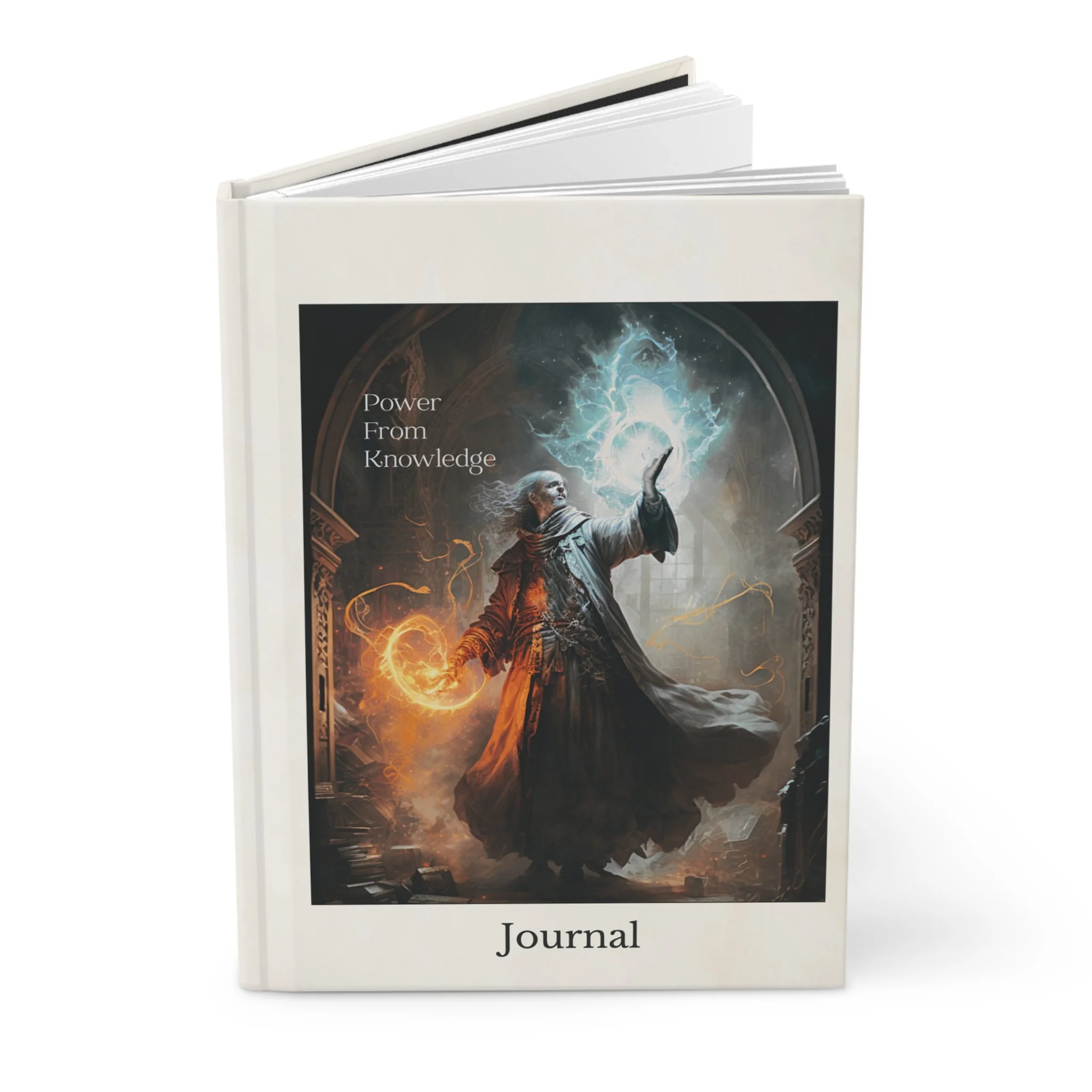 Standing view of Power From Knowledge fantasy journal with slightly opened pages
