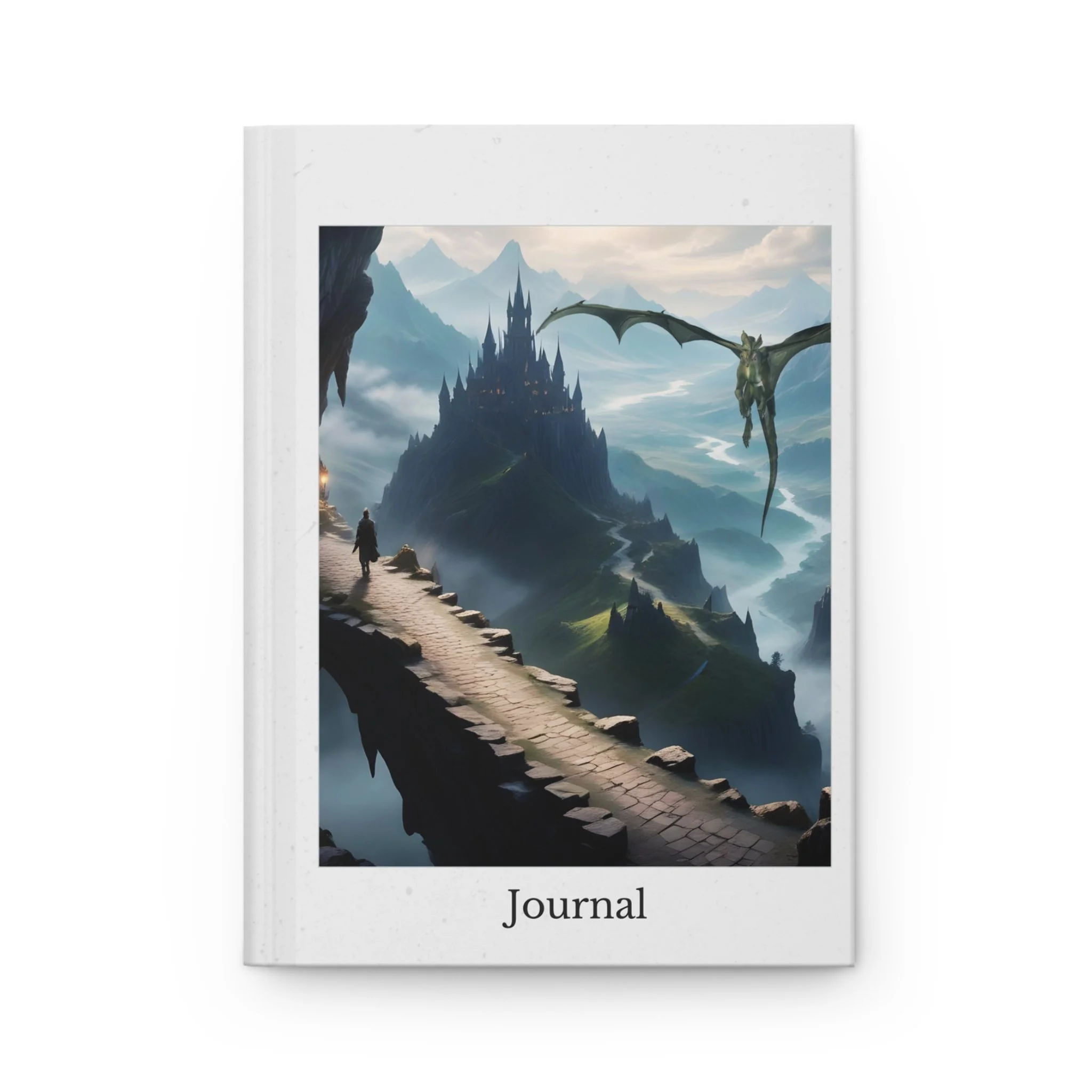 Front cover view of fantasy journal featuring a stone bridge leading toward a distant castle with a dragon flying overhead