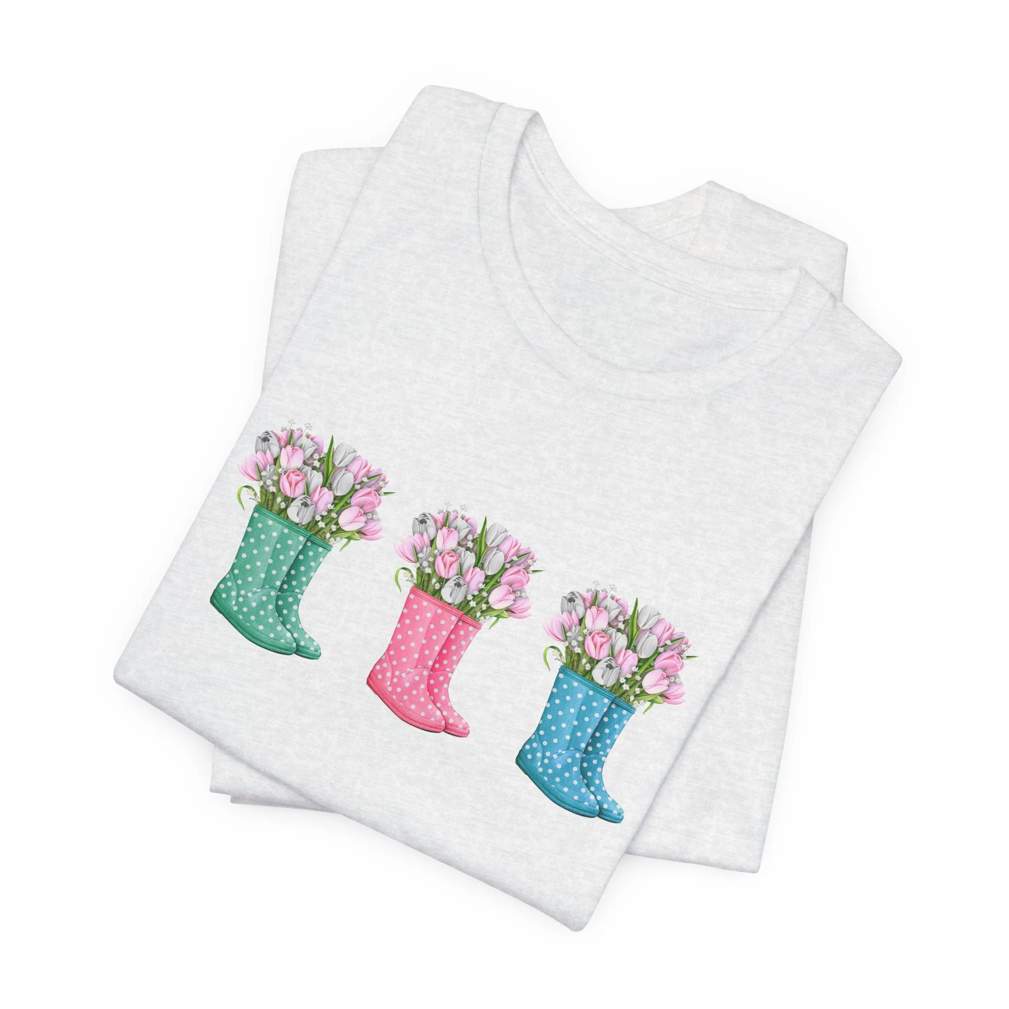 Folded ash gray t-shirt featuring Floral Rain Boots graphic