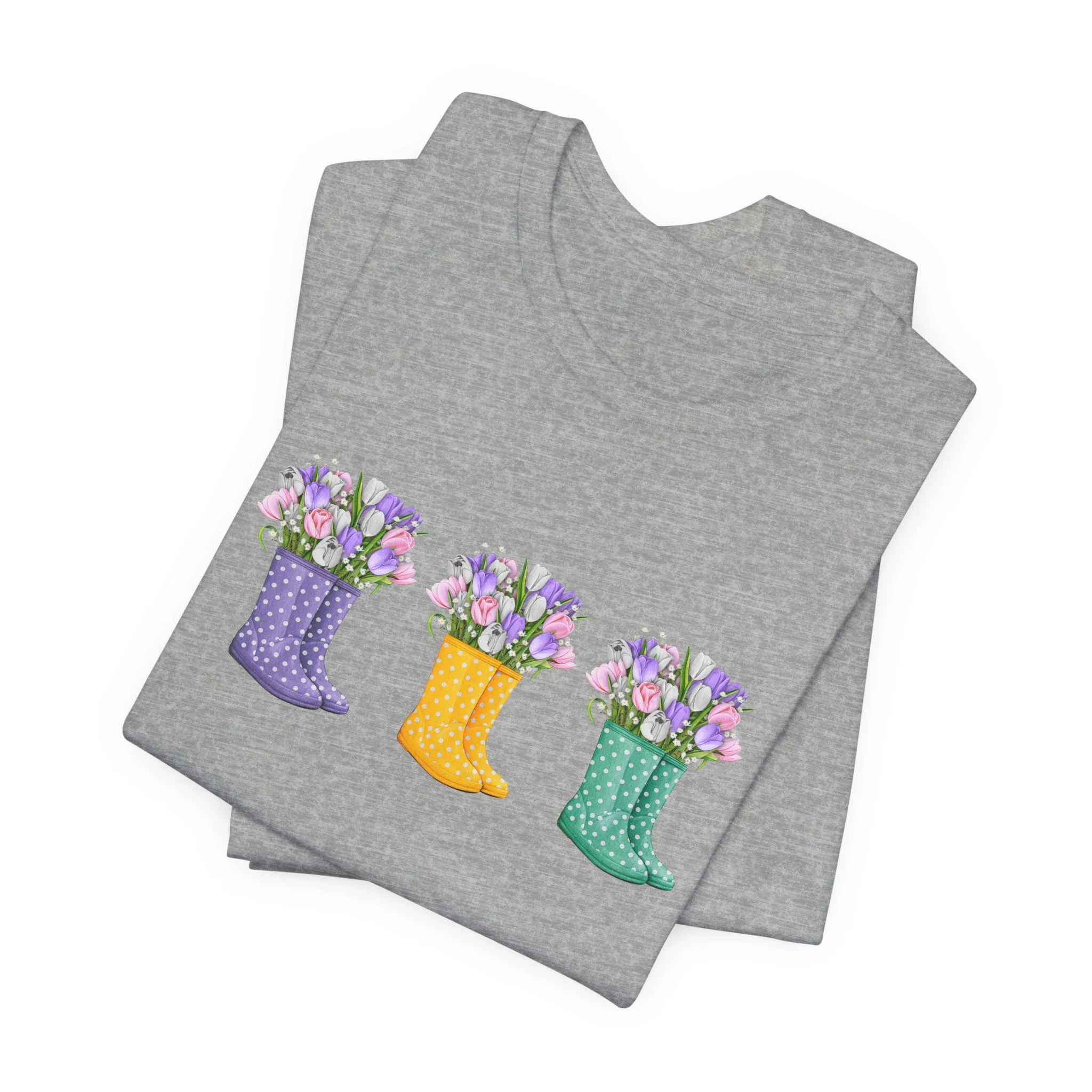 Folded heather gray t-shirt featuring Floral Rain Boots graphic