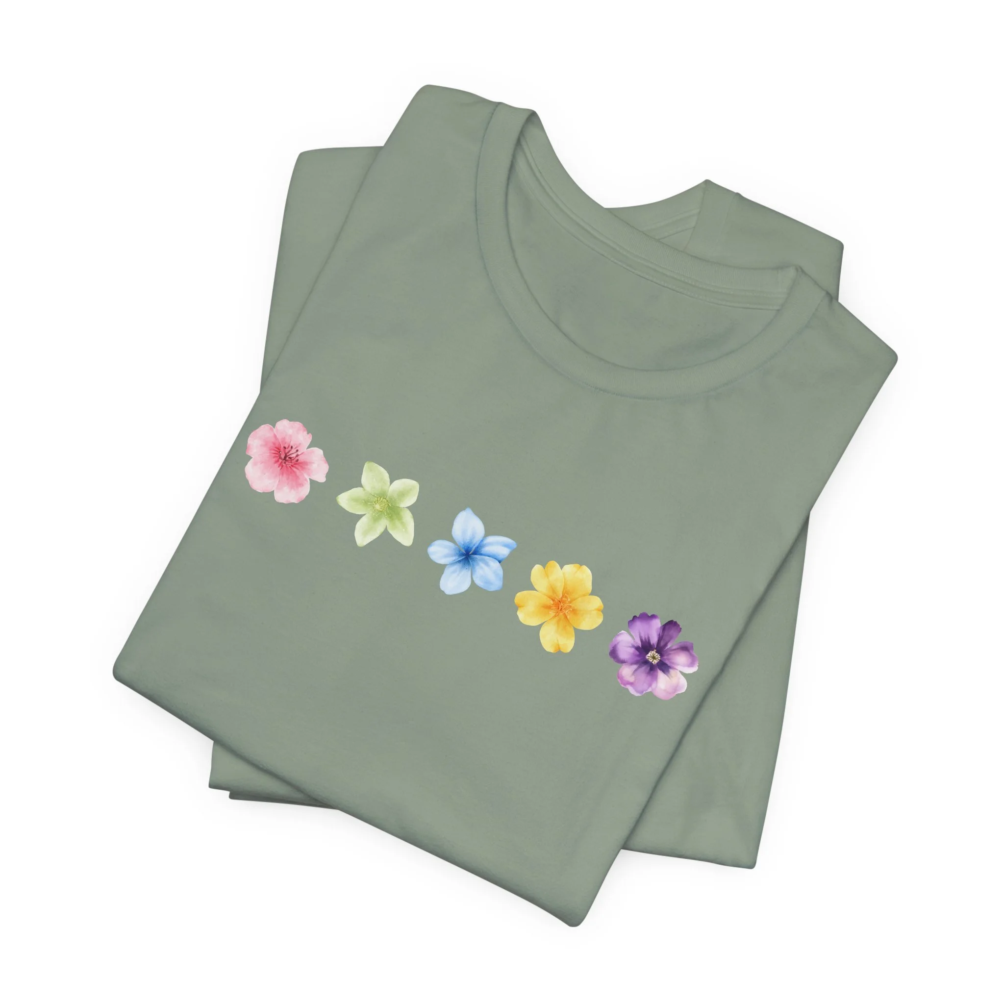 Folded sage green t-shirt featuring Floral Wildflower graphic