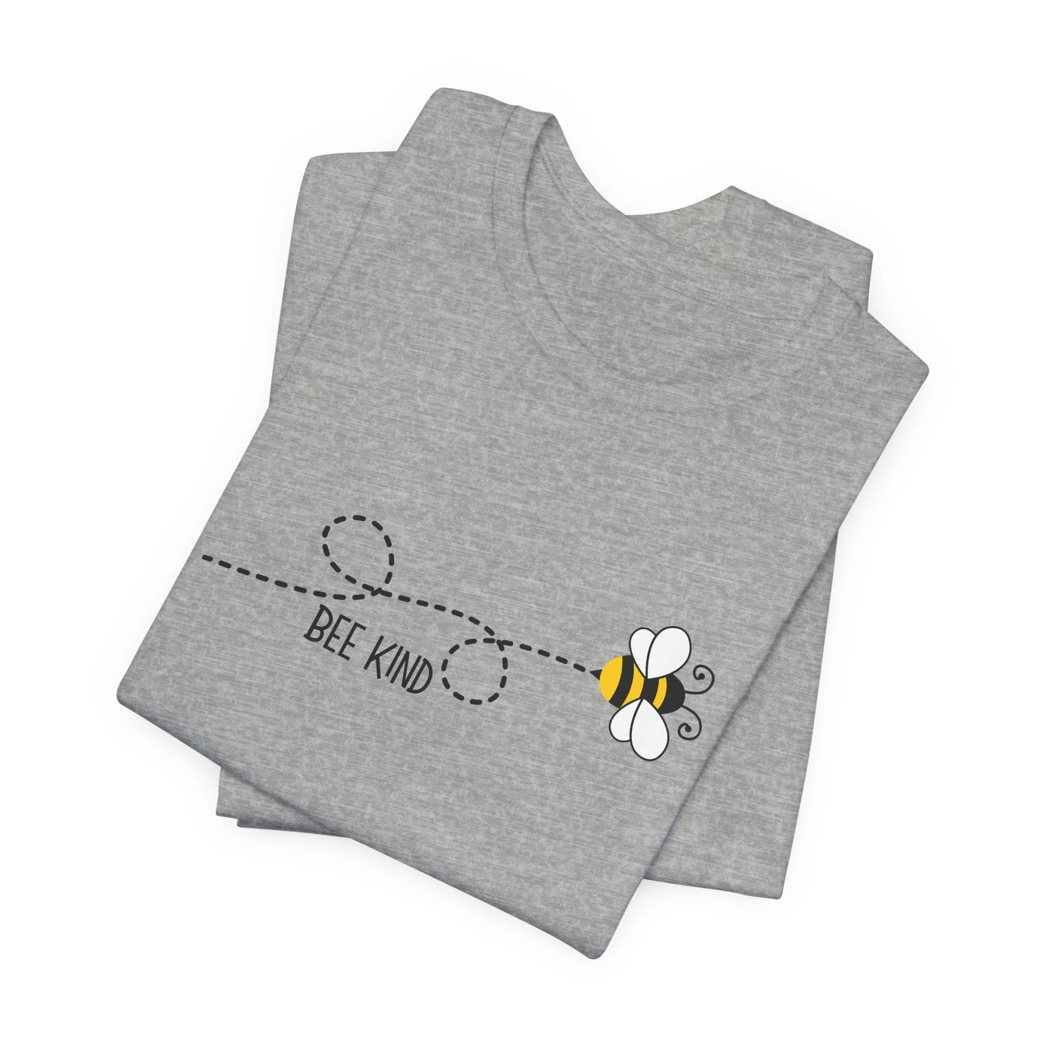 Folded athletic heather gray t-shirt featuring Bee Kind graphic