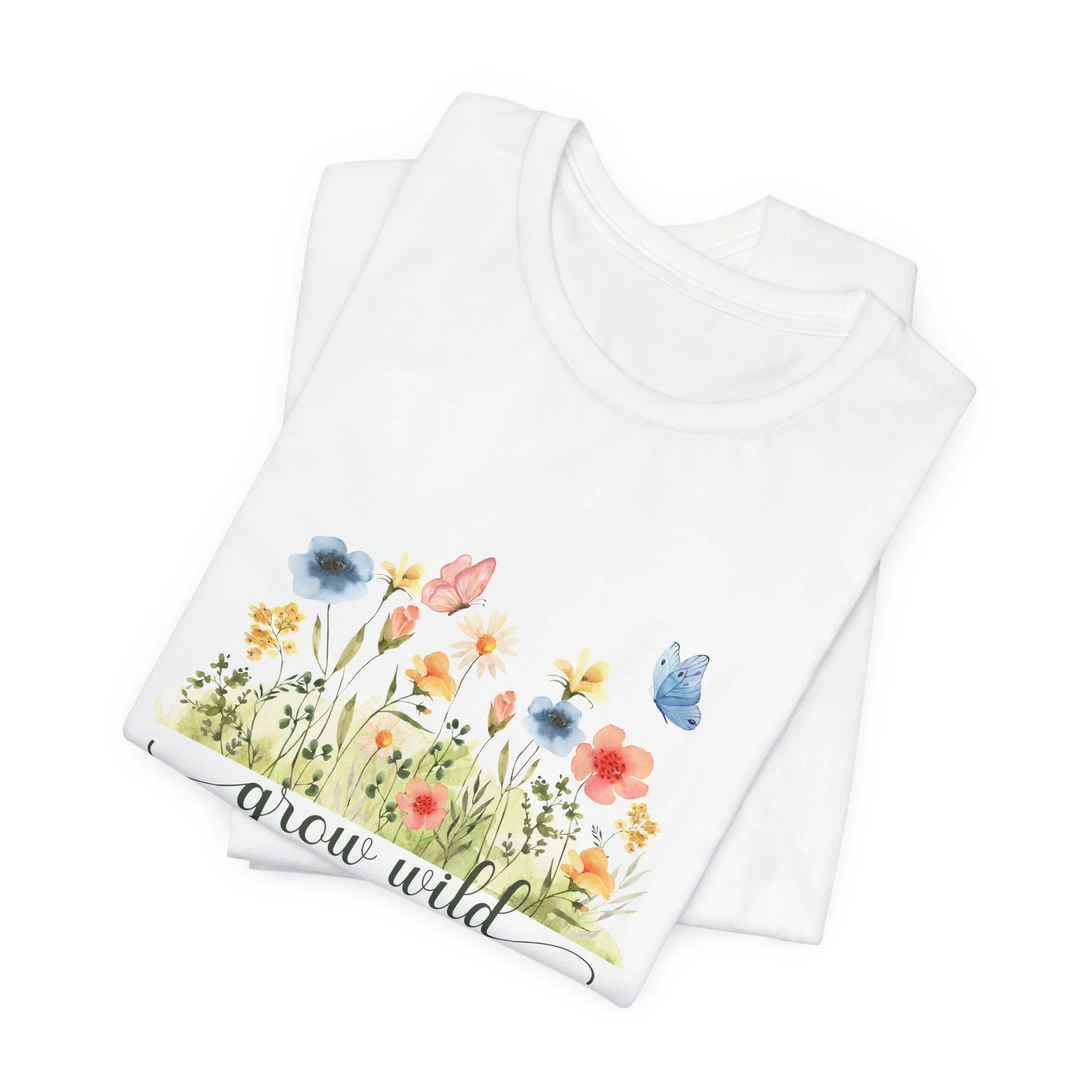 Folded white t-shirt featuring Grow Wild graphic