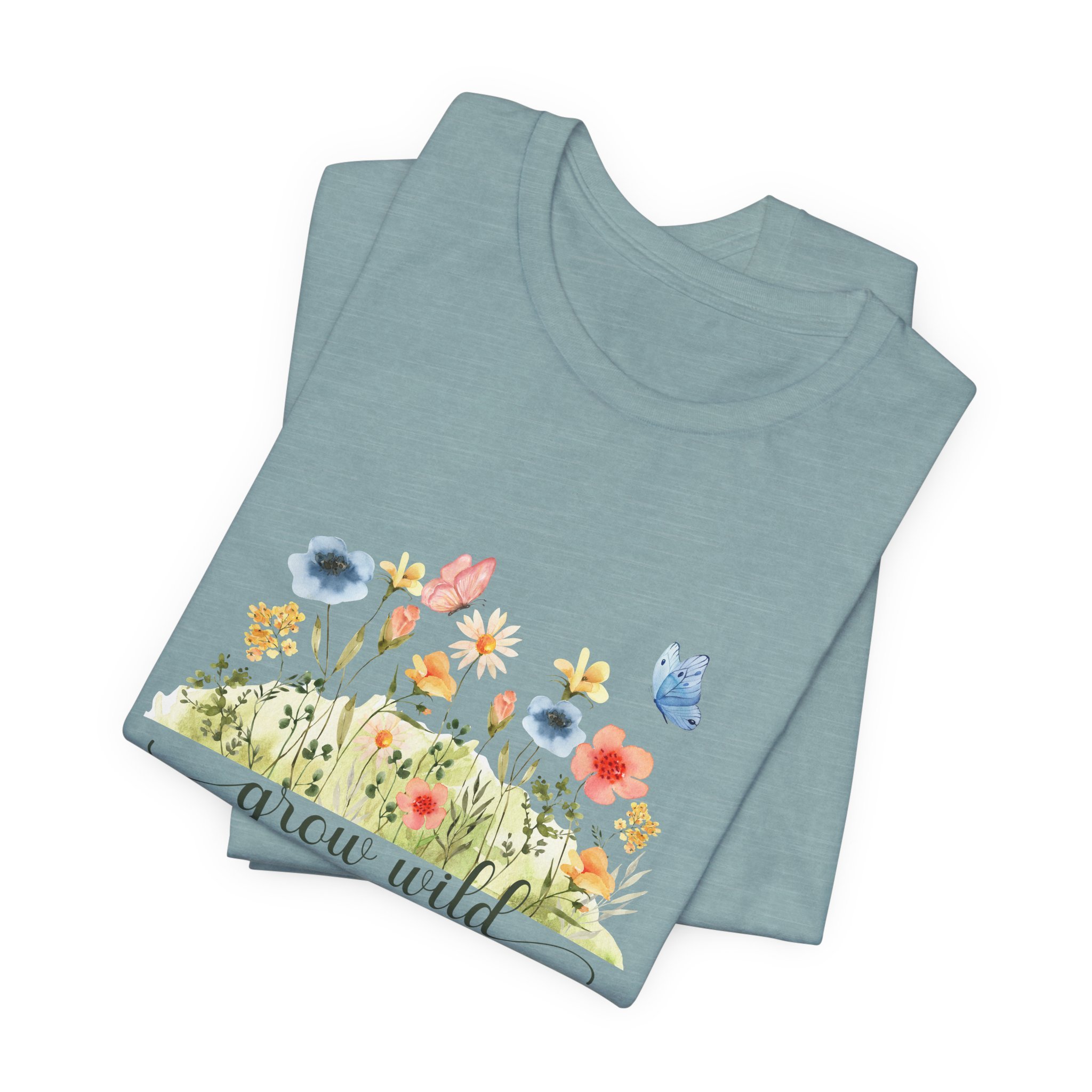 Folded heather blue lagoon t-shirt featuring Grow Wild graphic