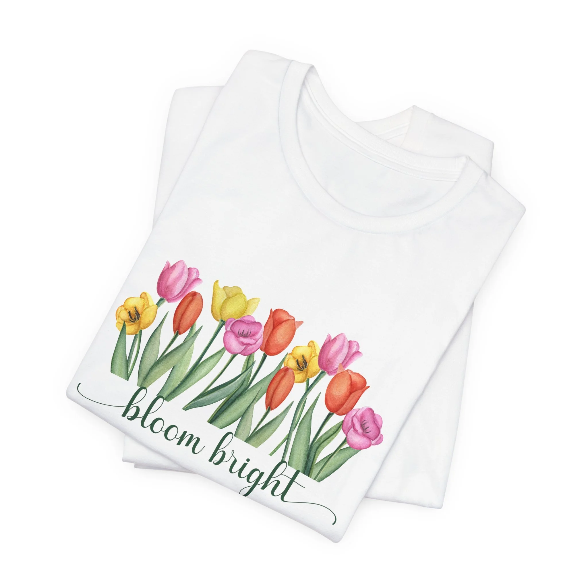 Folded white t-shirt featuring Bloom Bright graphic