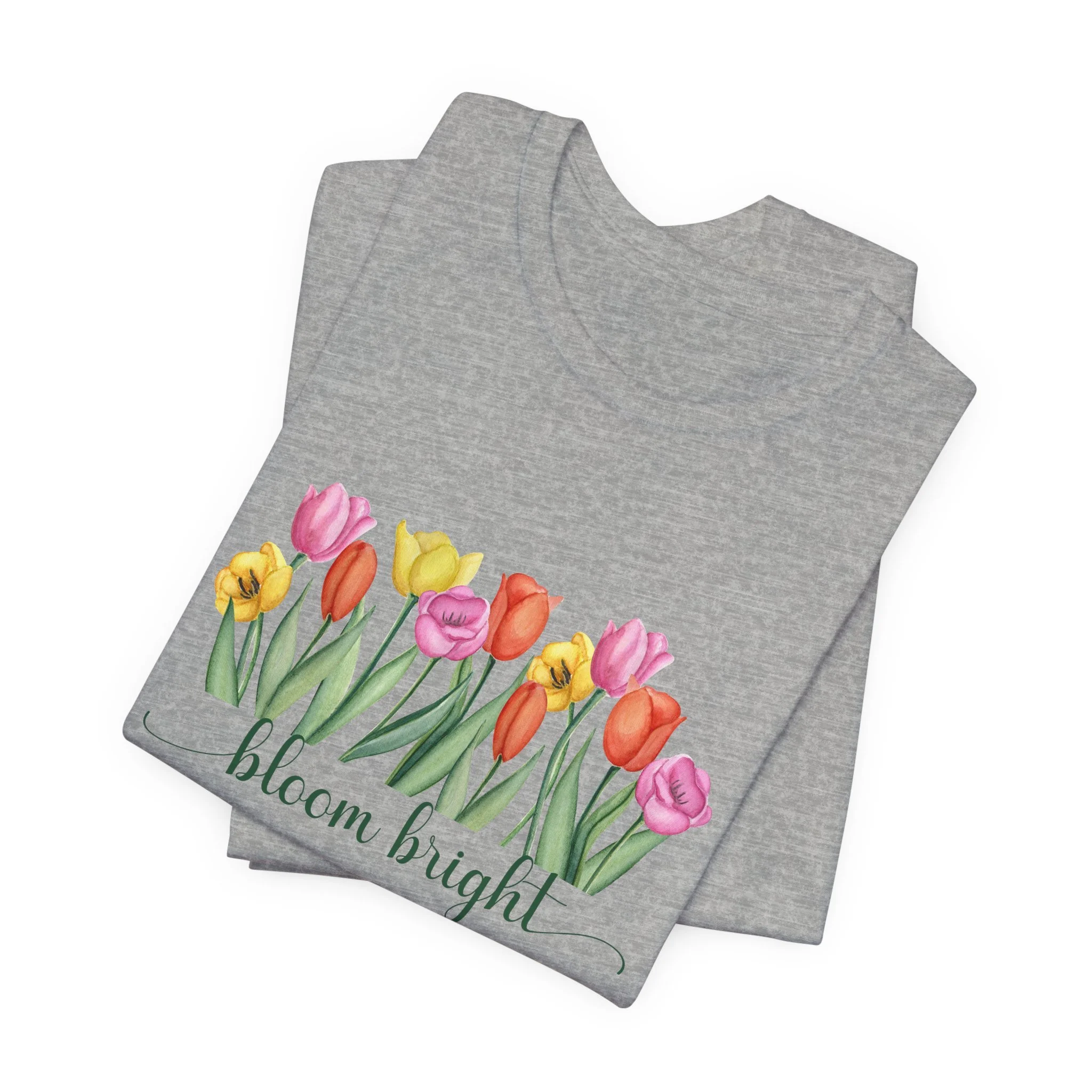 Folded athletic heather gray t-shirt featuring Bloom Bright graphic