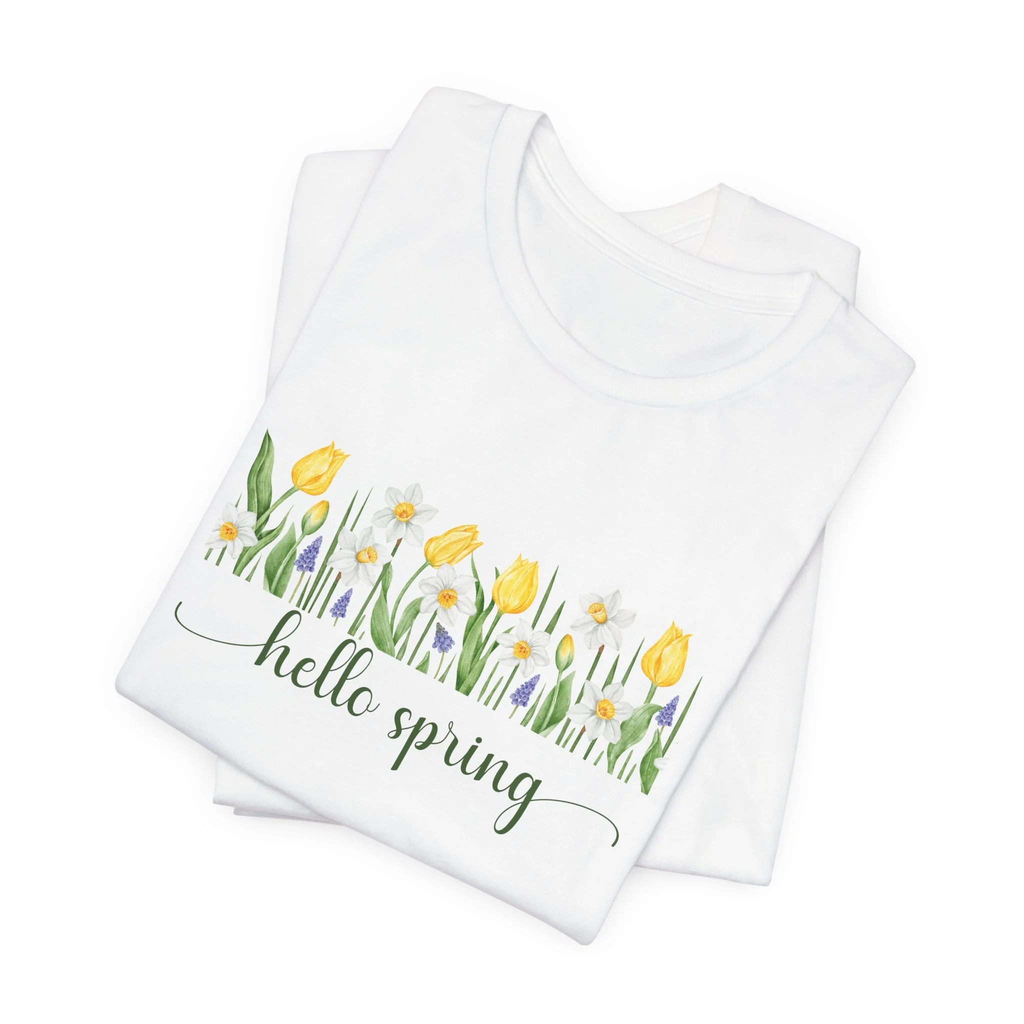 Folded white t-shirt featuring Hello Spring graphic