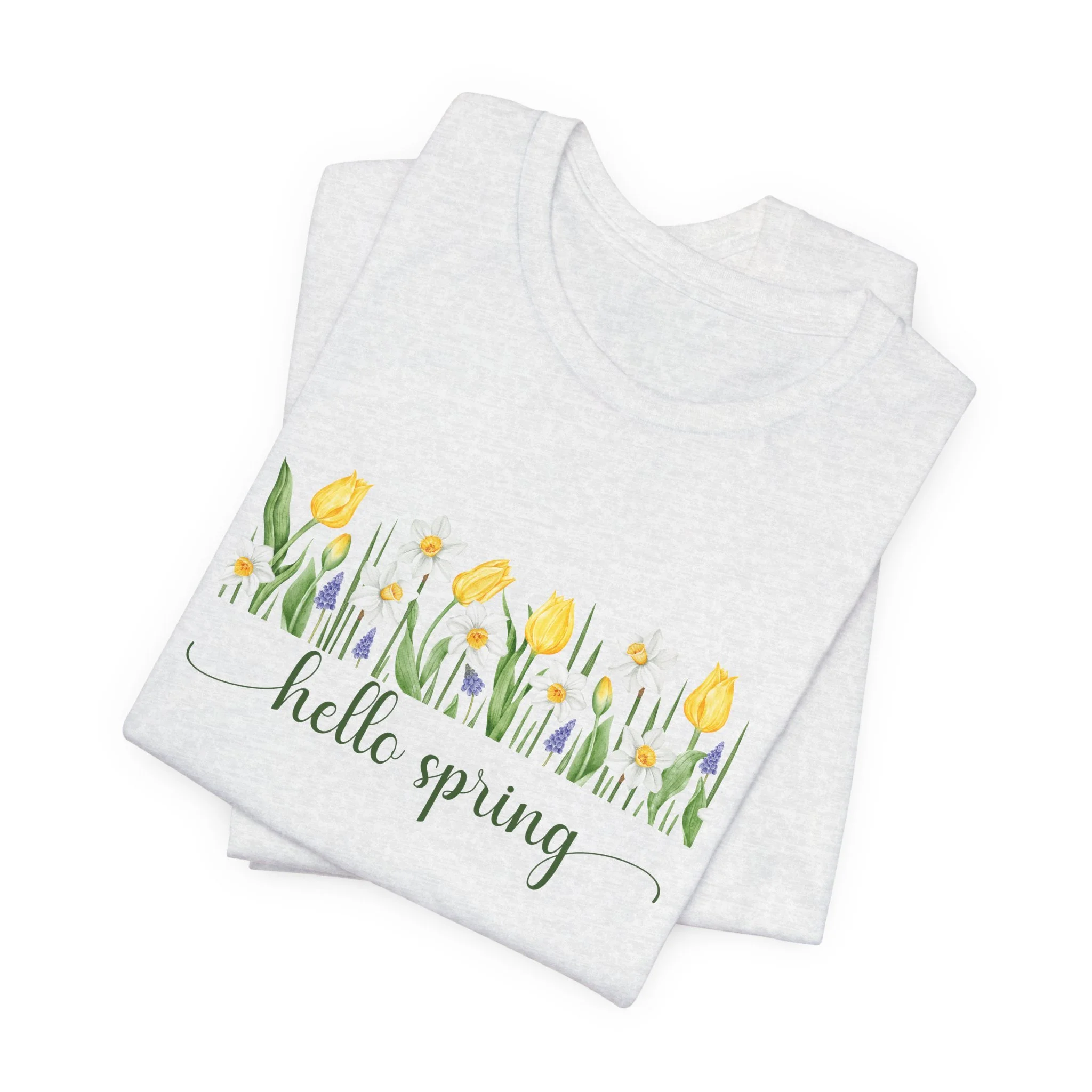 Folded light gray t-shirt featuring Hello Spring graphic