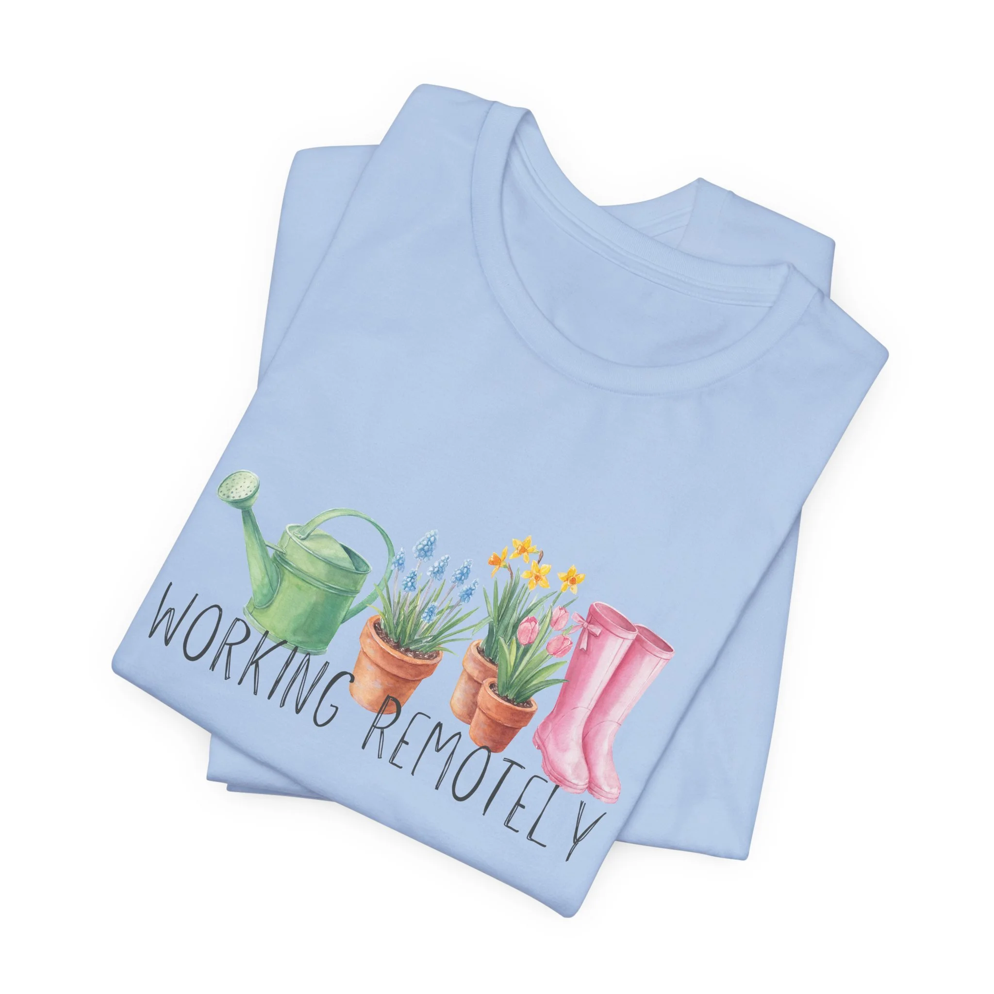 Folded baby blue t-shirt featuring Working Remotely graphic