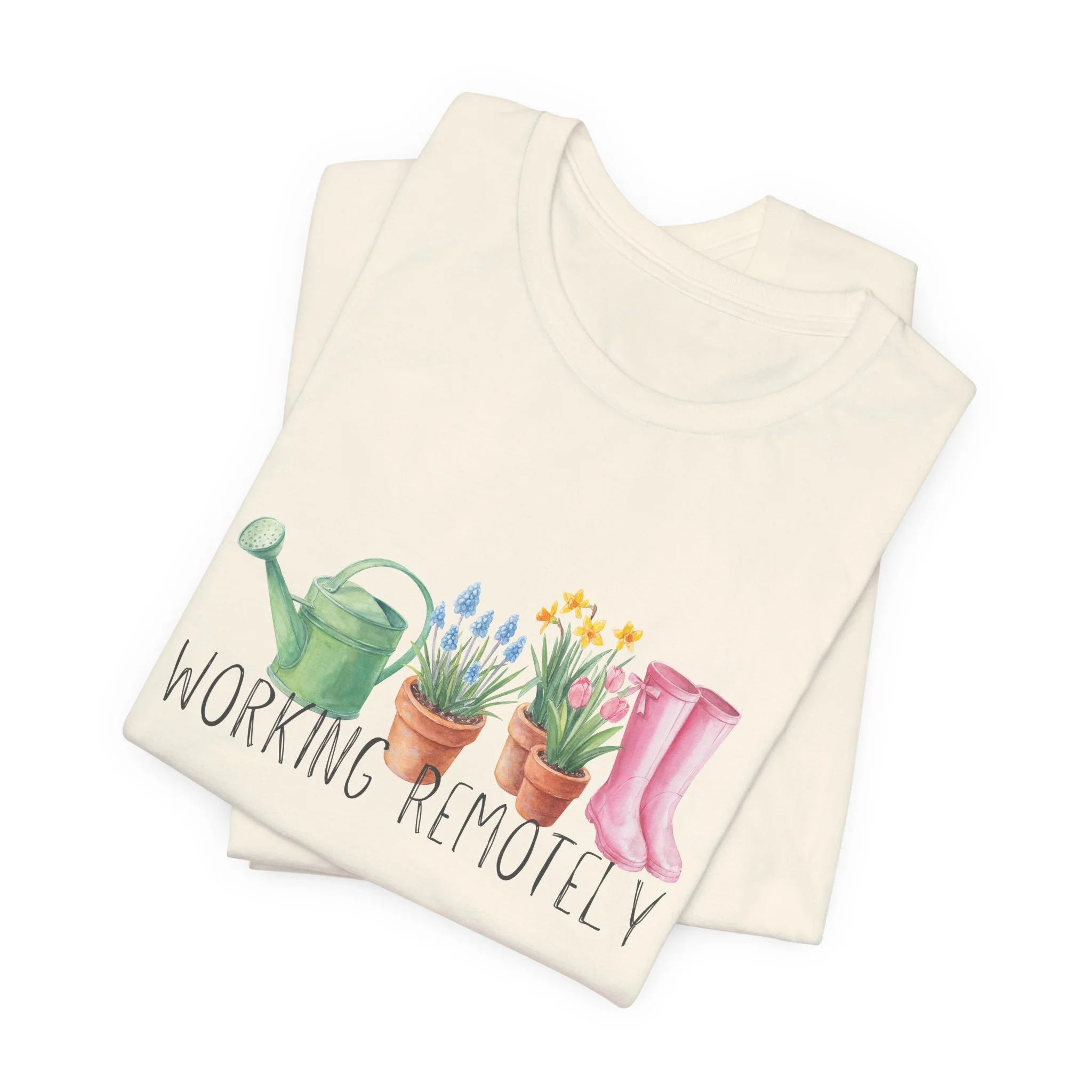 Folded natural cream t-shirt featuring Working Remotely graphic