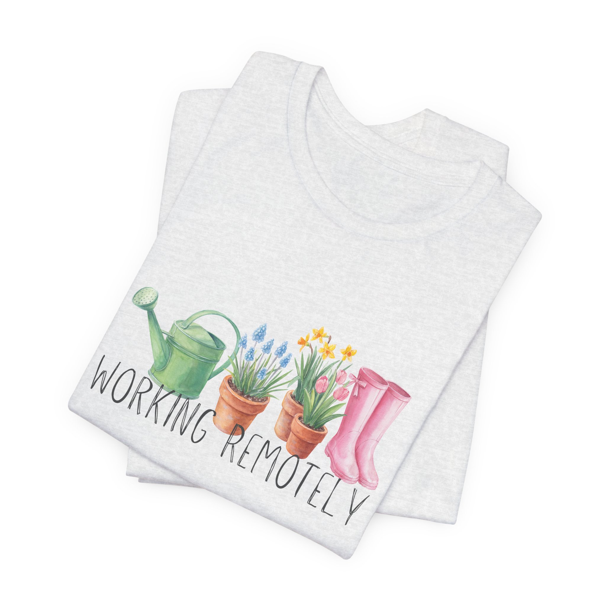 Folded ash gray t-shirt featuring Working Remotely graphic