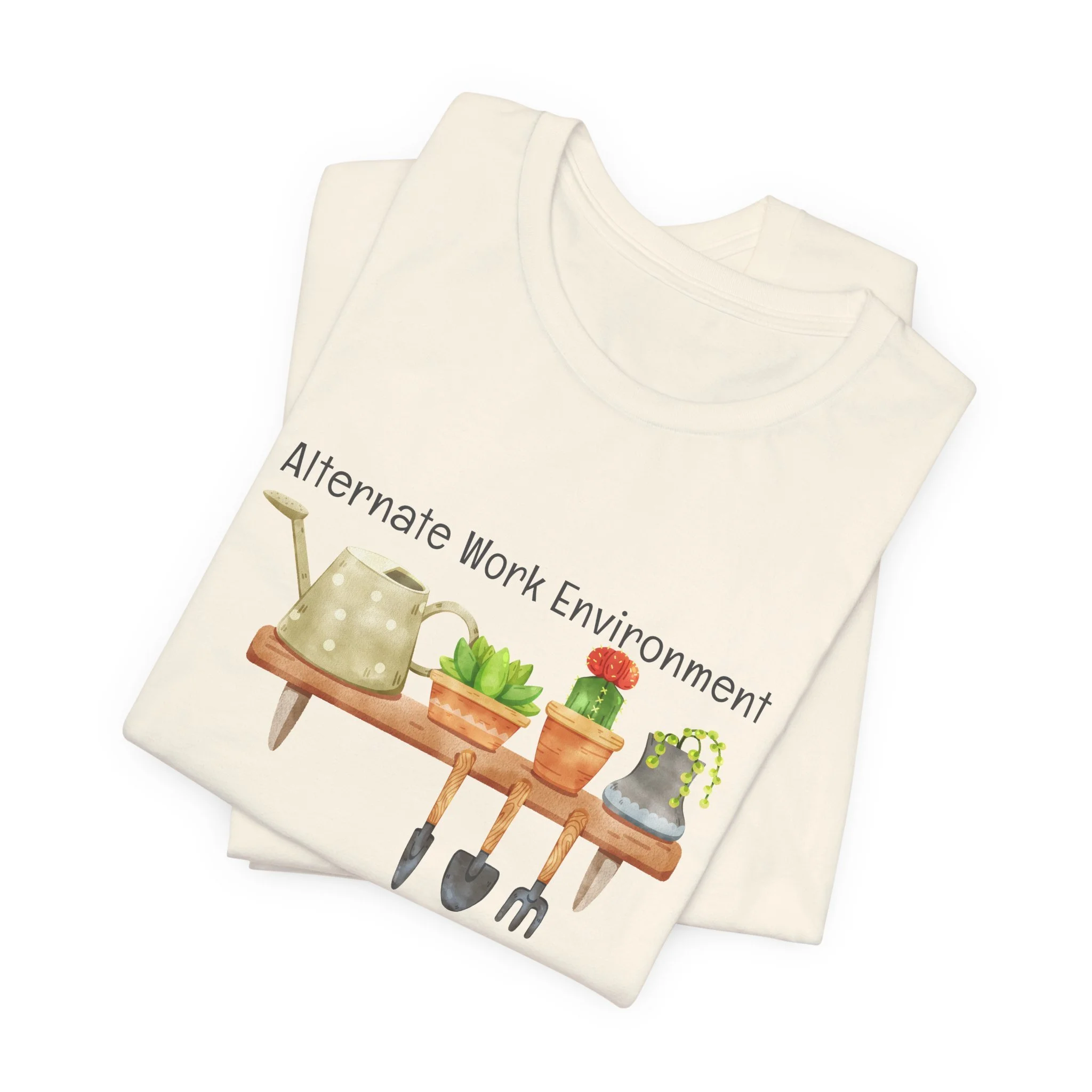 Folded natural cream t-shirt featuring Alternate Work Environment graphic