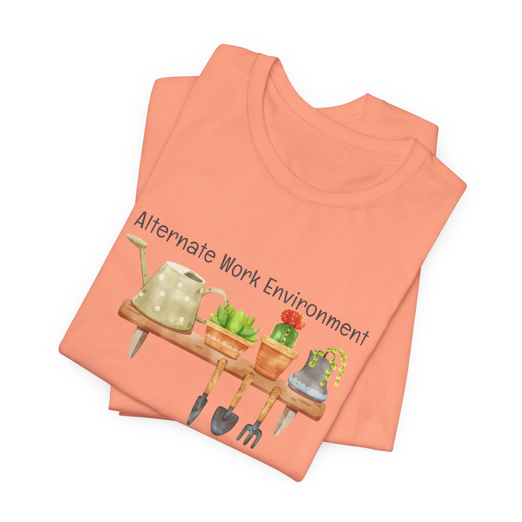 Folded sunset orange t-shirt featuring Alternate Work Environment graphic