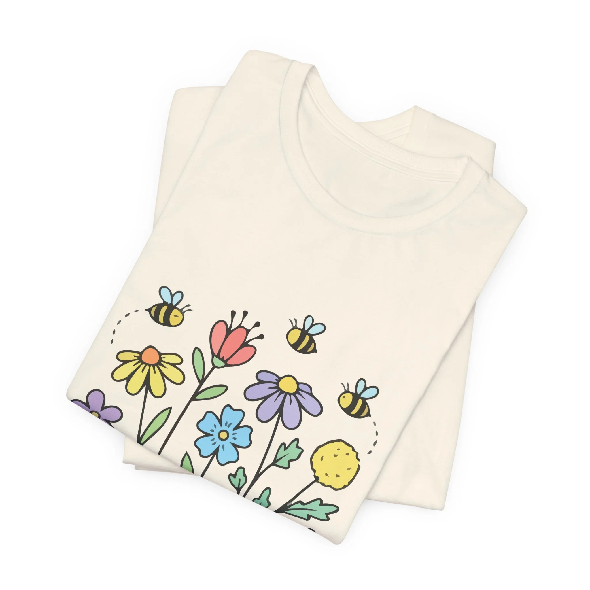 Folded ash gray t-shirt featuring Bees and Flowers graphic