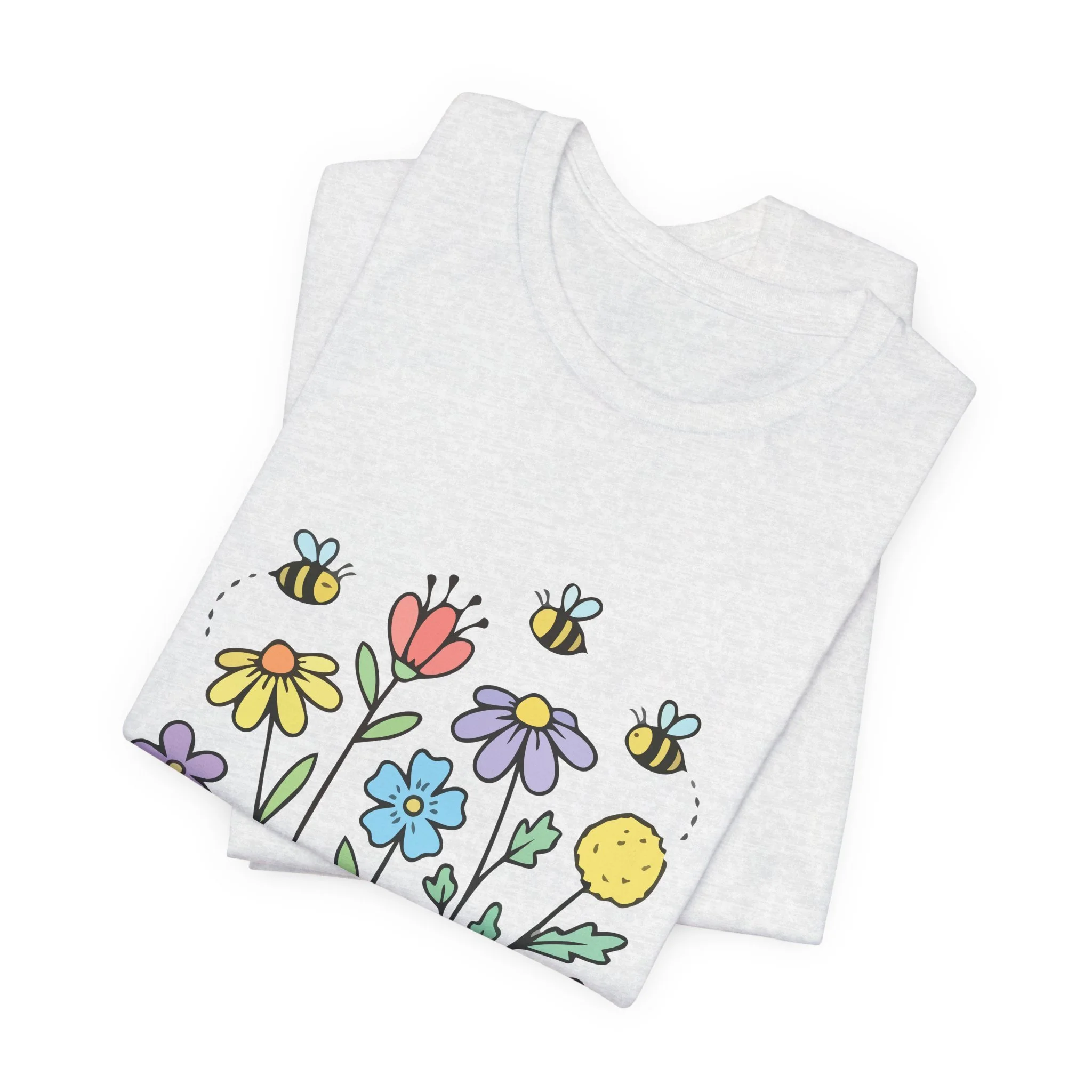Folded white t-shirt featuring Bees and Flowers graphic