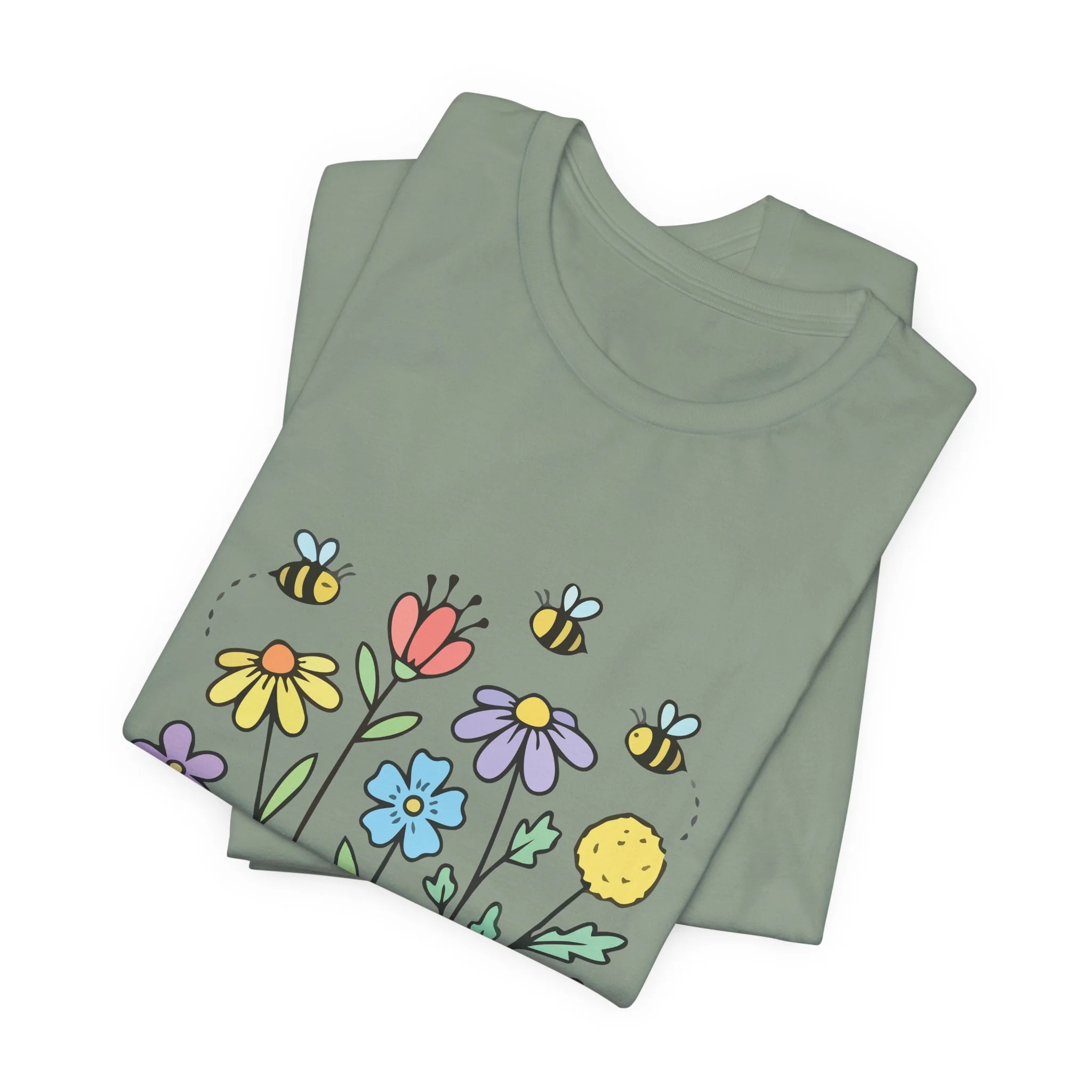 Folded sage green t-shirt featuring Bees and Flowers graphic