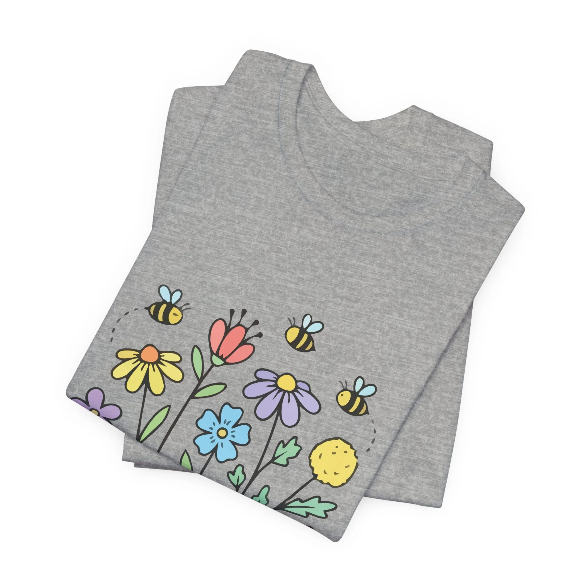 Folded athletic gray t-shirt featuring Bees and Flowers graphic