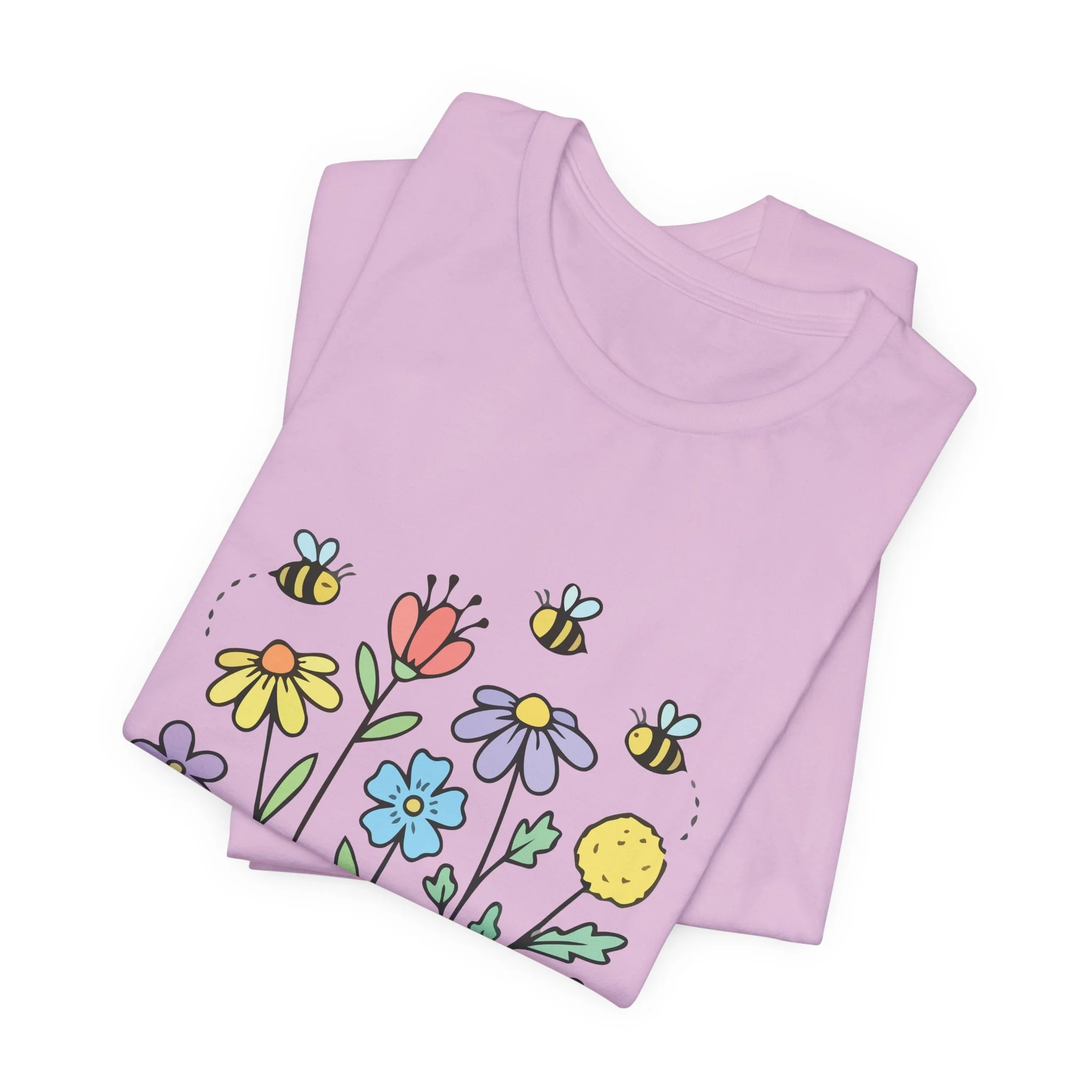 Folded lilac purple t-shirt featuring Bees and Flowers graphic