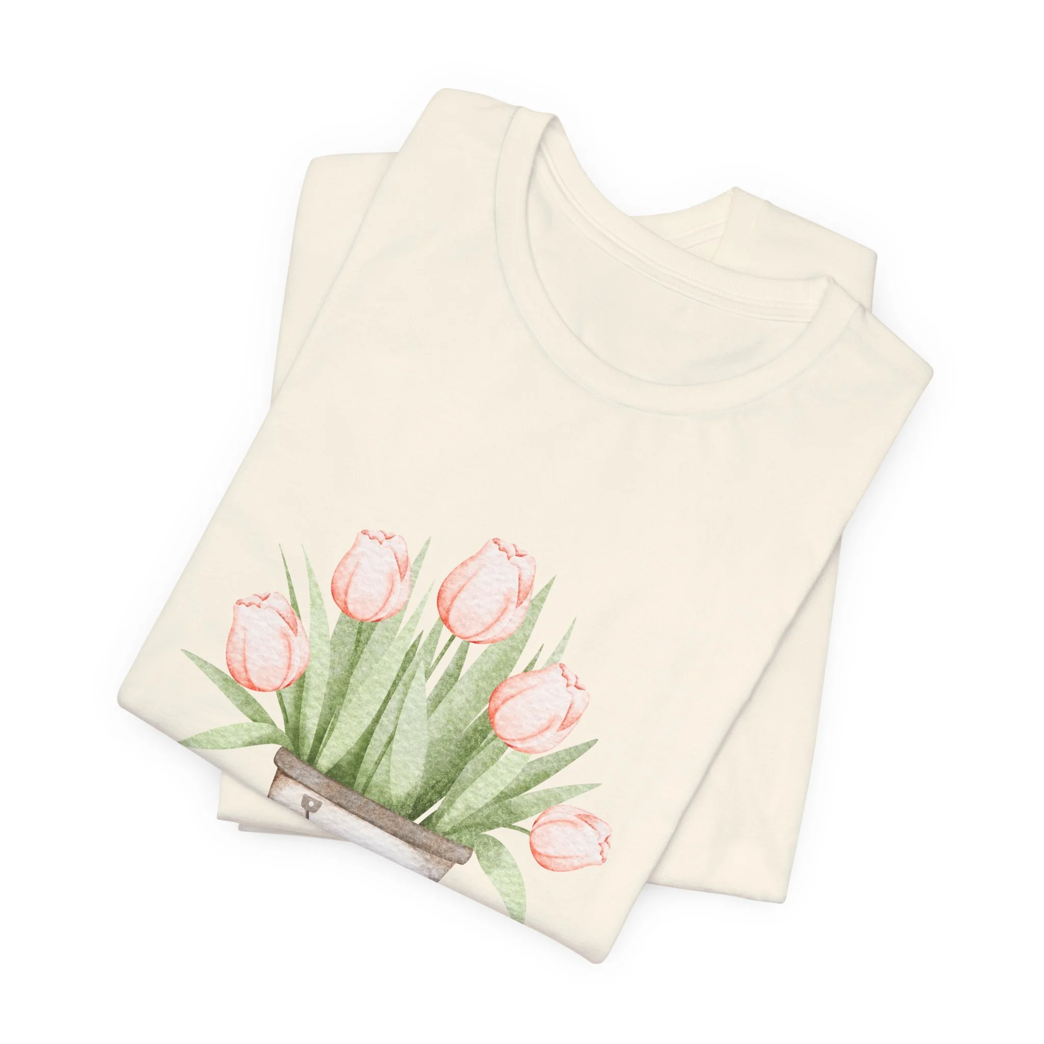 Folded natural cream t-shirt featuring Tulip Bucket graphic