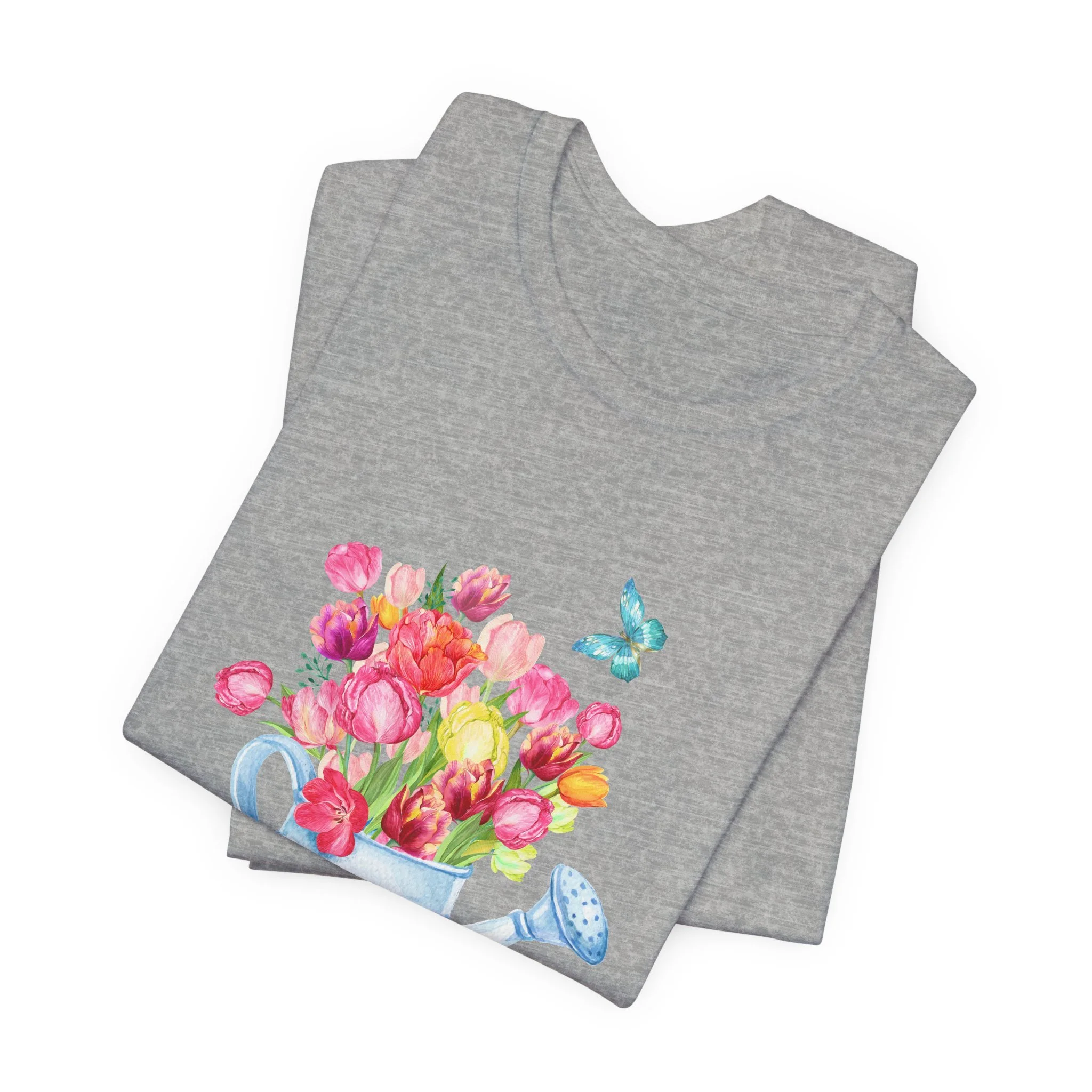 Folded athletic heather gray t-shirt featuring Tulips in Watering Can graphic