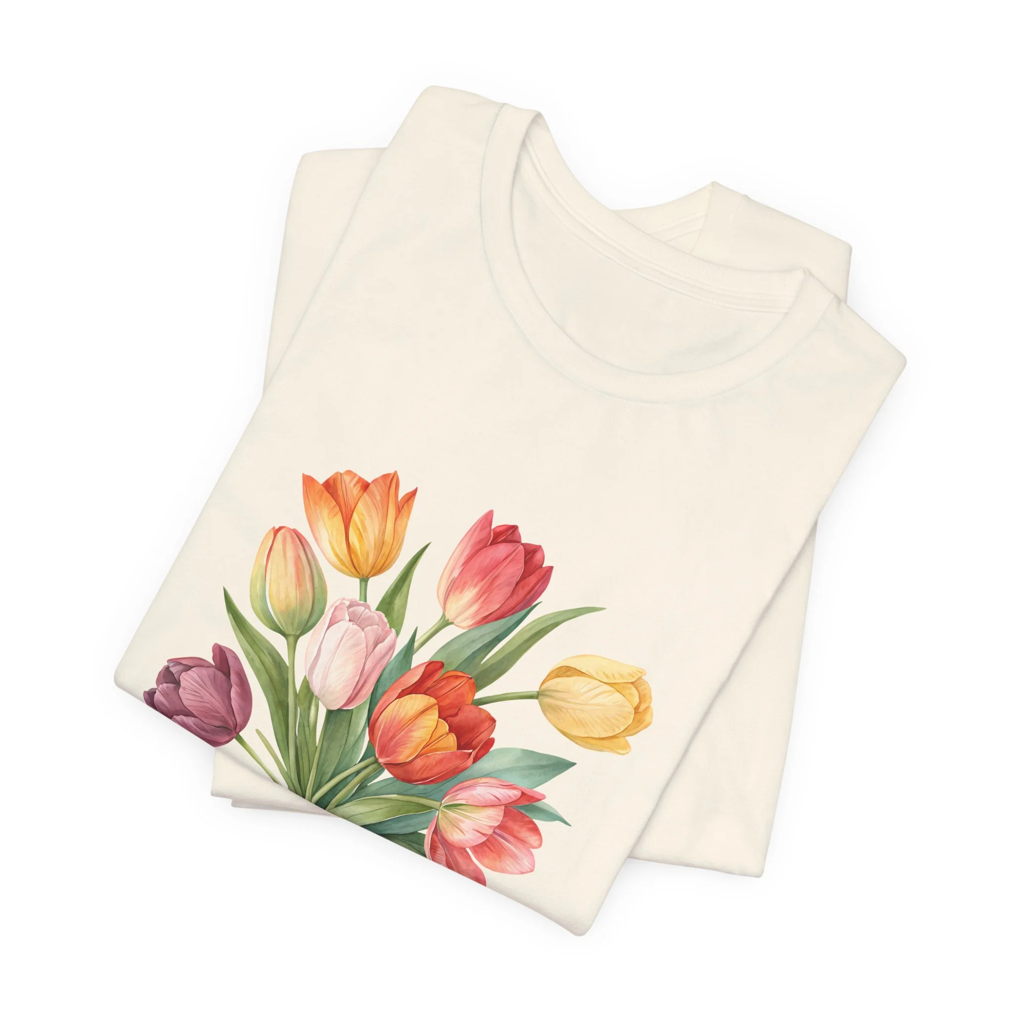 Folded natural cream t-shirt featuring Tulip Bouquet graphic