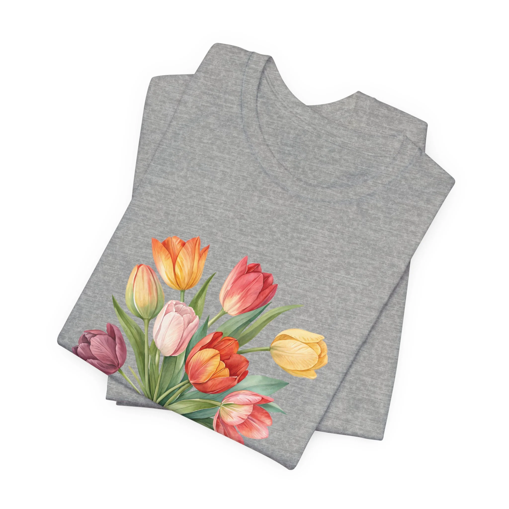 Folded athletic heather gray t-shirt featuring Tulip Bouquet graphic