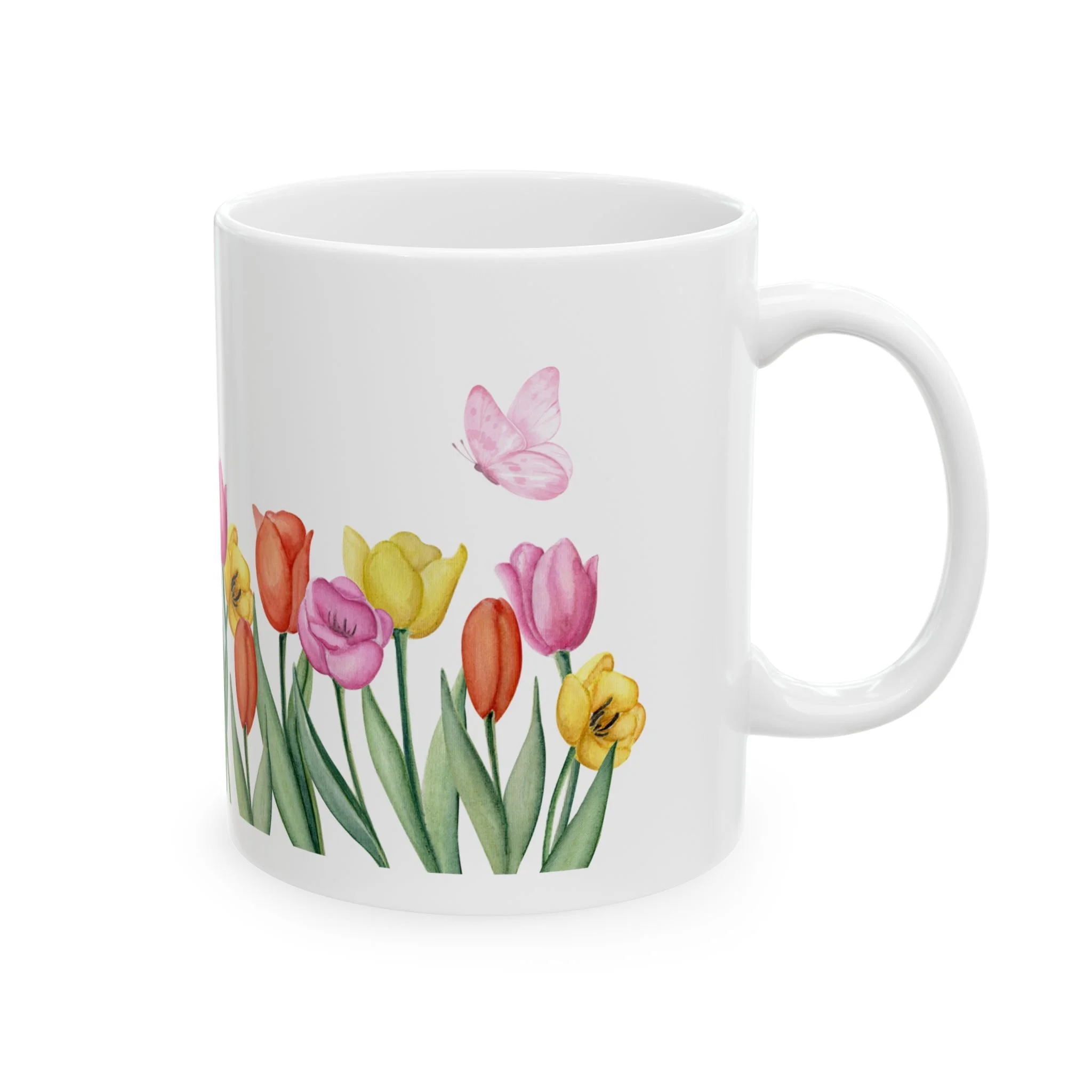 Back angle view of mug highlighting butterfly detail and floral design