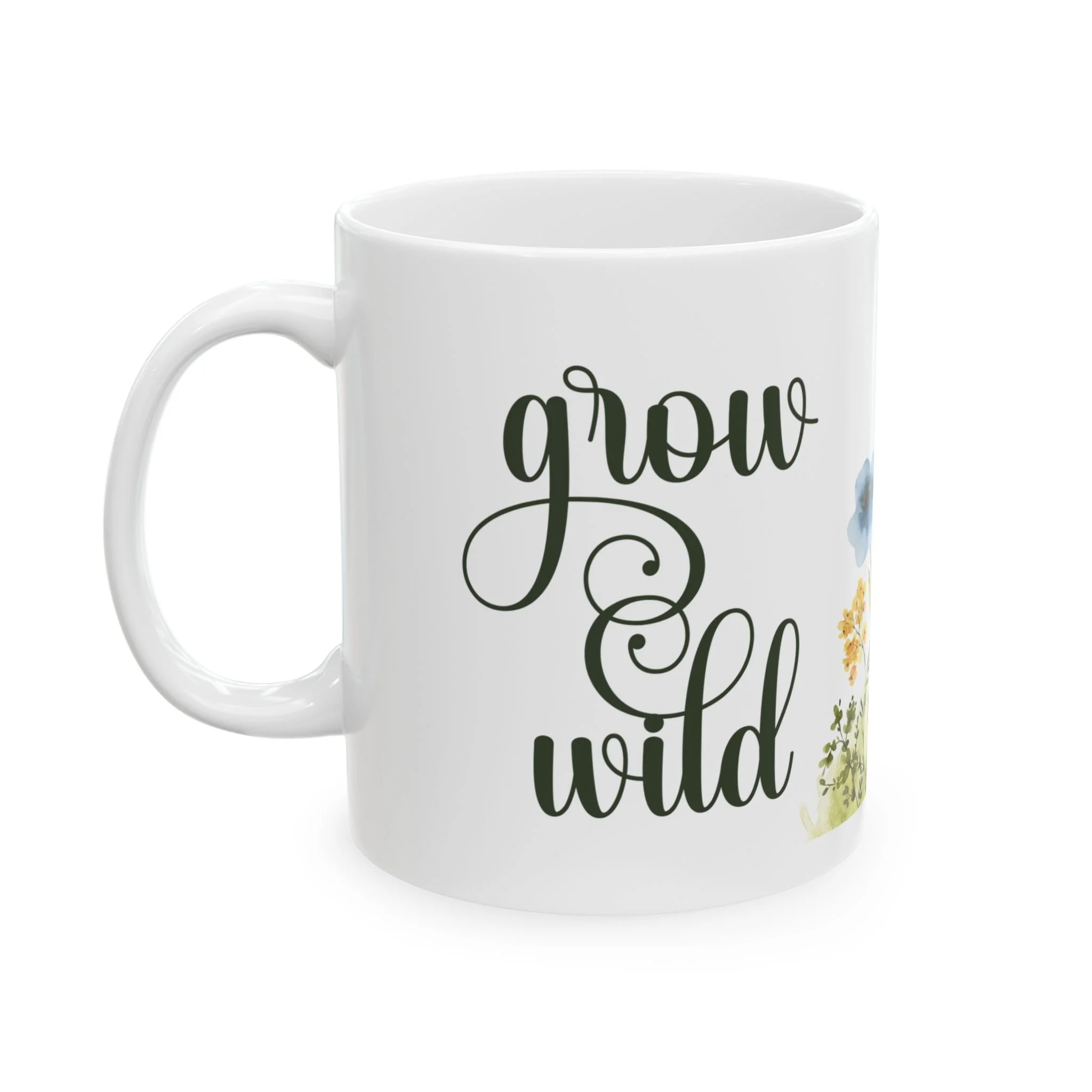 Front view of white ceramic mug with grow wild script in green lettering