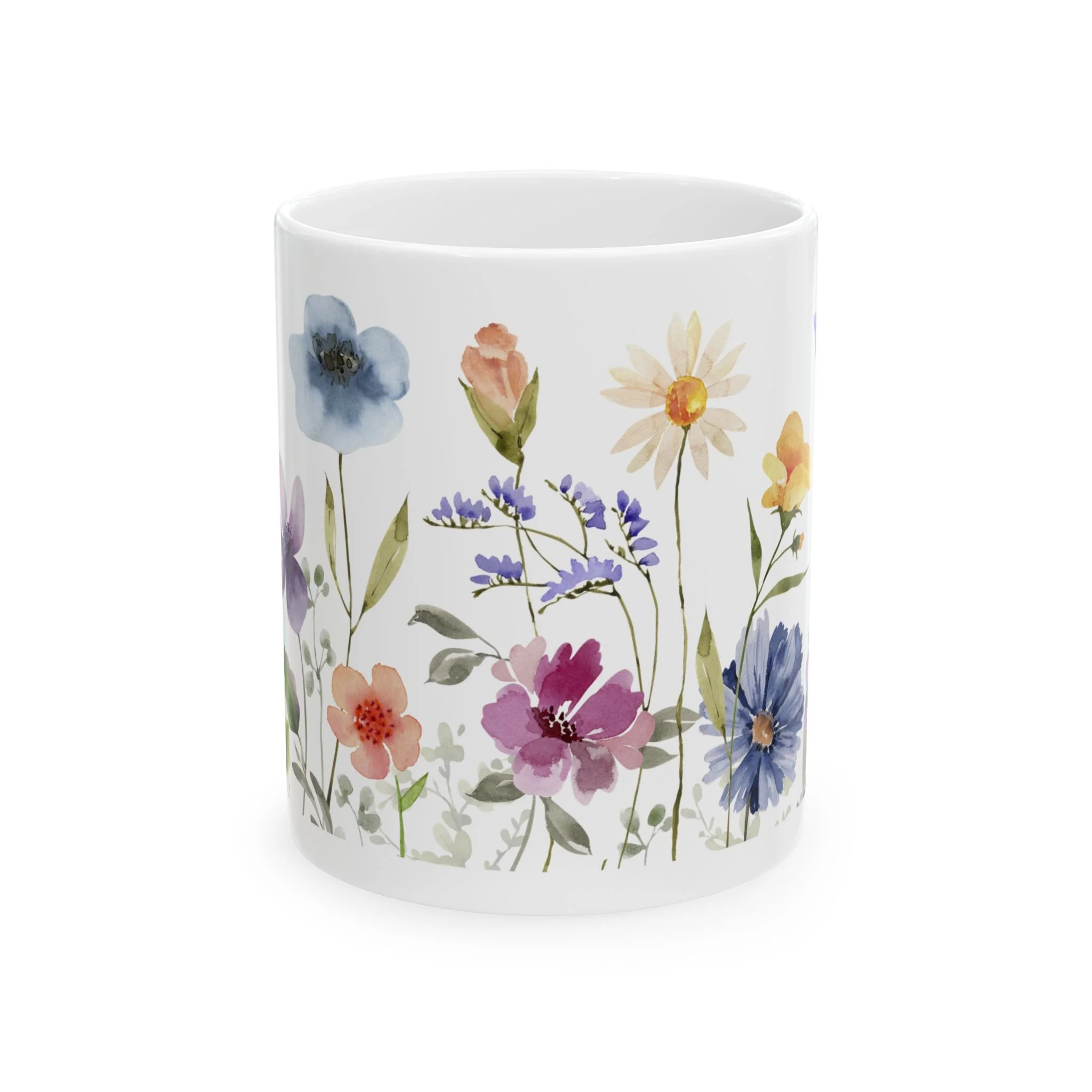 Side view of mug showing cluster of colorful flowers with soft greenery