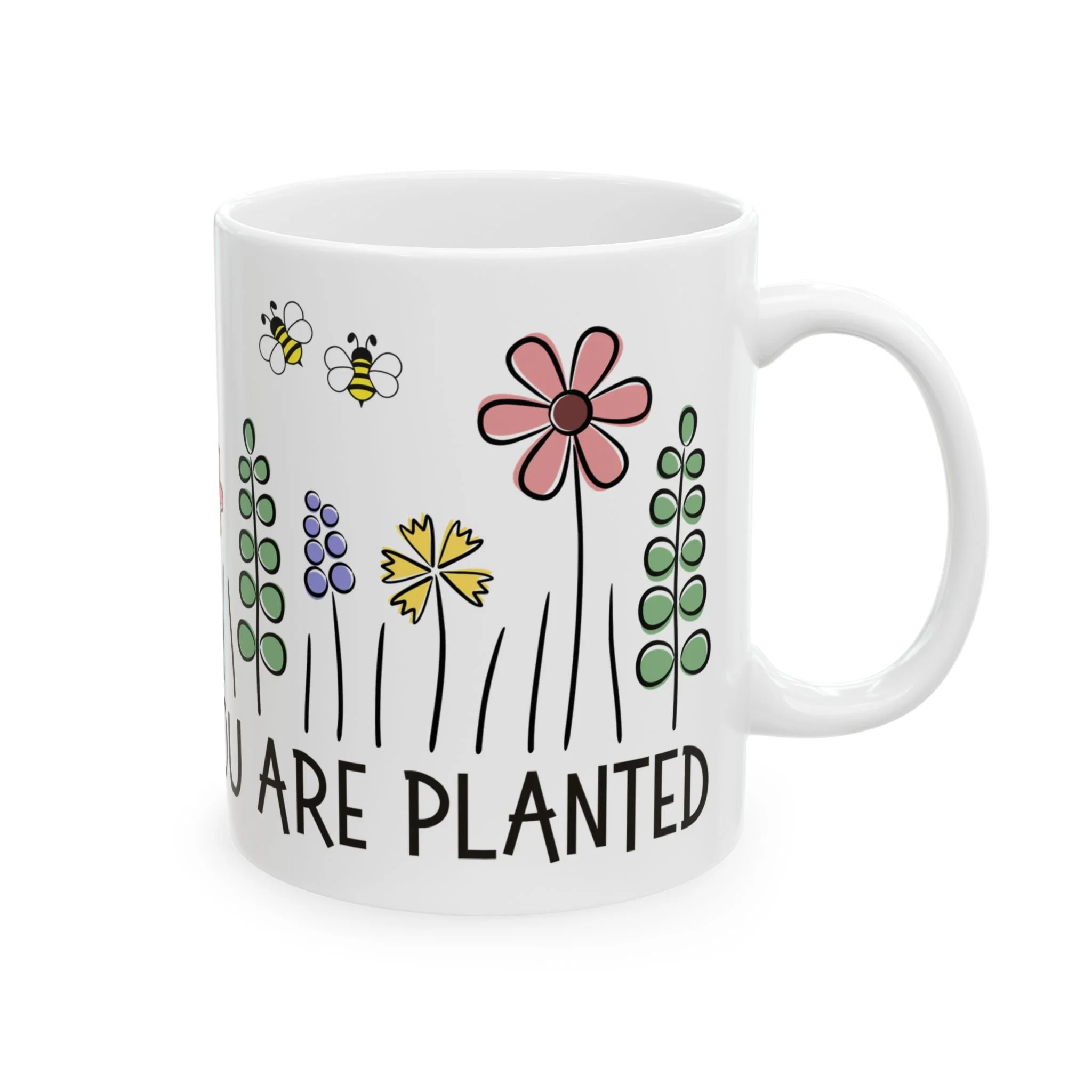 Back angle view highlighting continuation of floral design and quote text